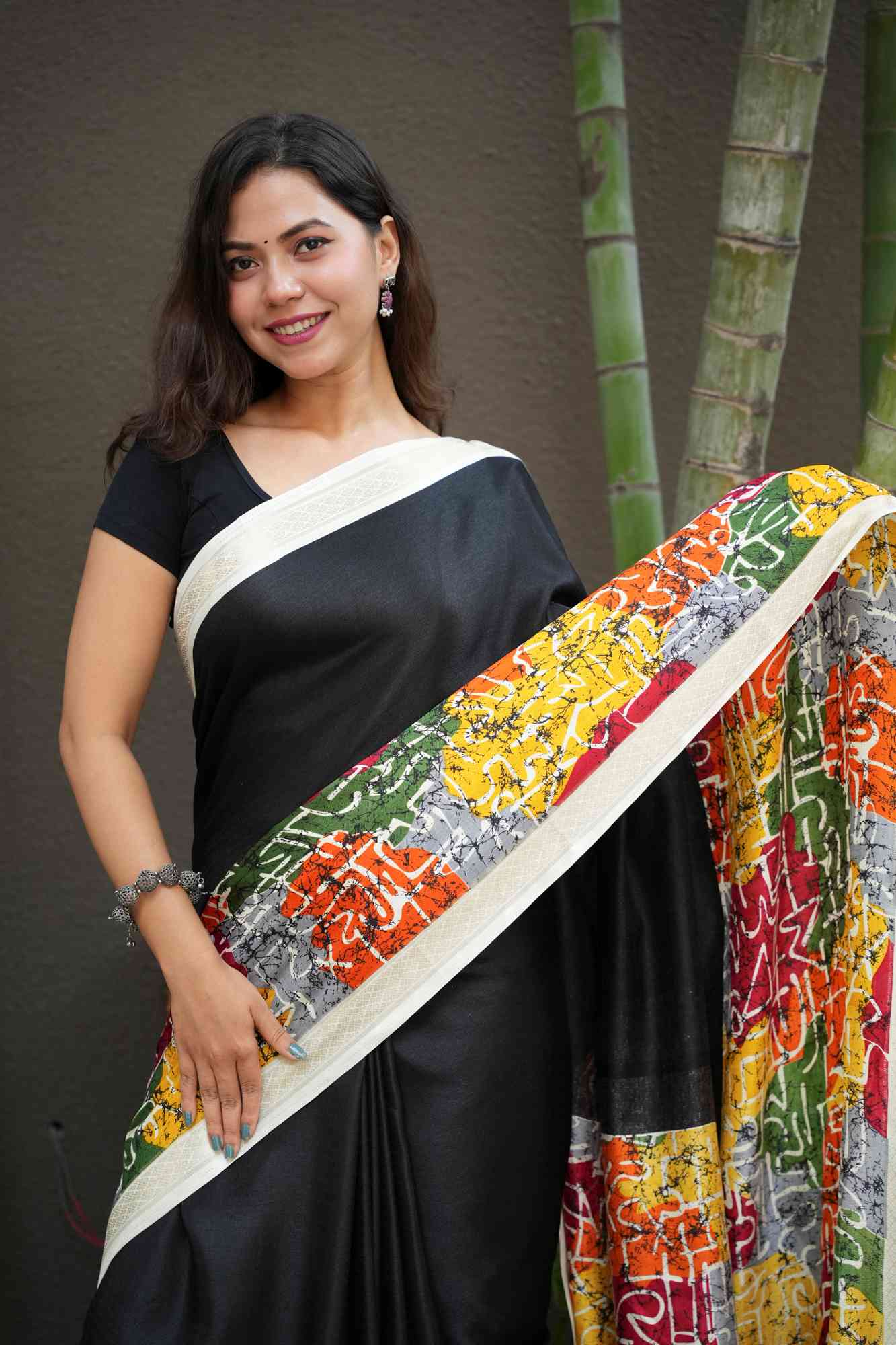 Gorgeous New Black Pashmina Inspired Saree with Soft Texture & Zari Pattu Woven Border Wrap in 1 Minute Saree
