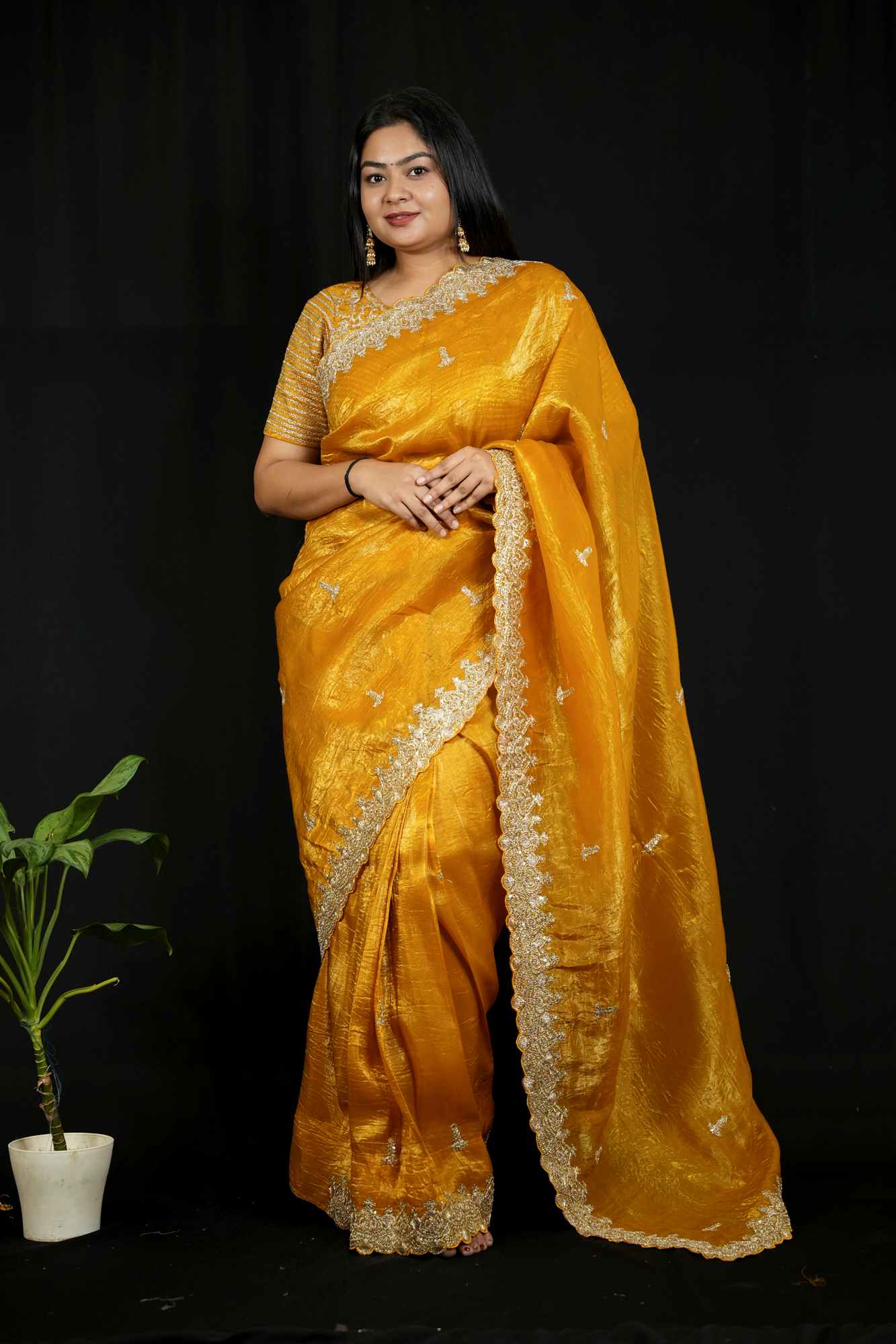 Gold Crush Silk with Zari & Sequin Embroidered C-Pallu and Cutwork Border Ready To Wear Sare