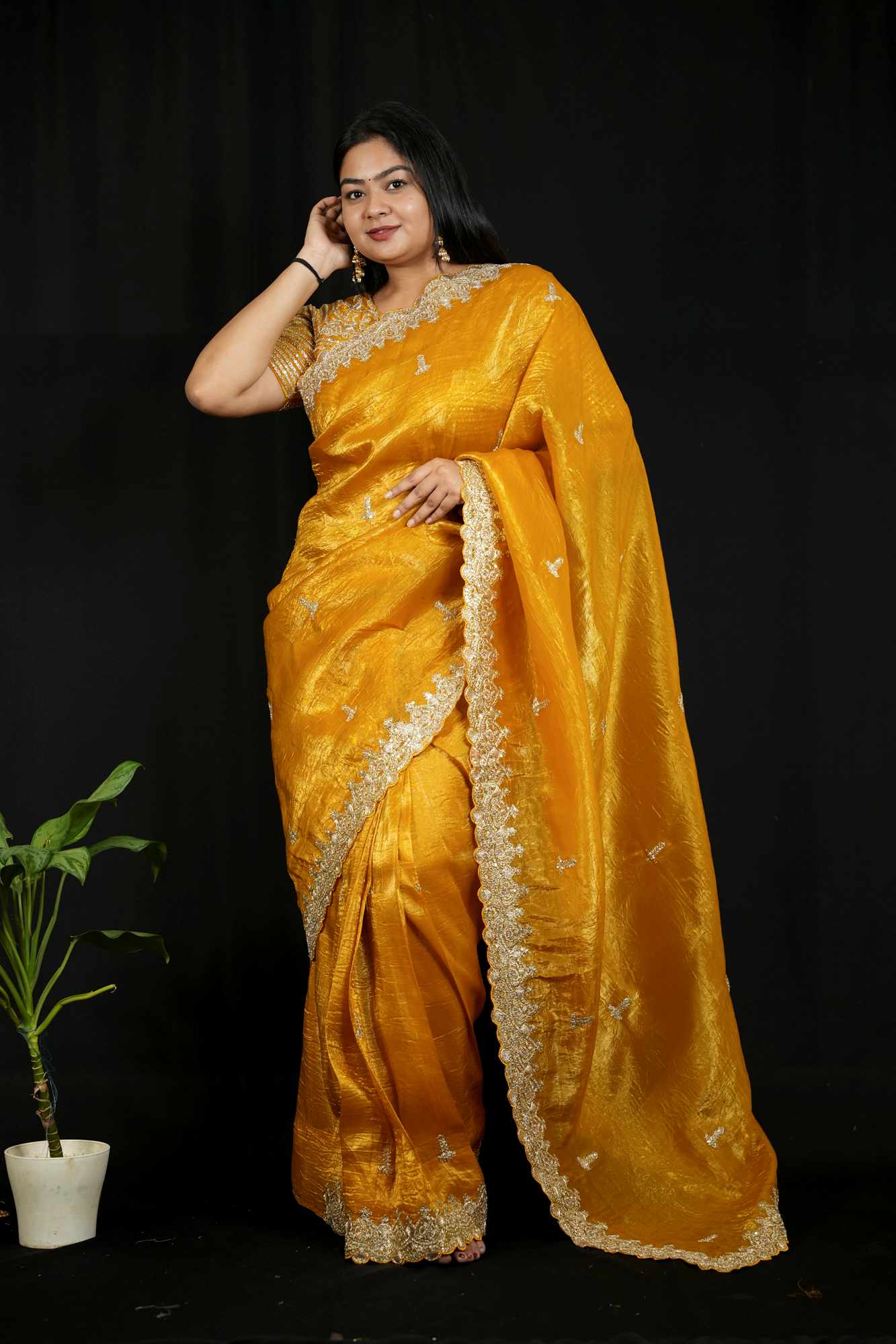 Gold Crush Silk with Zari & Sequin Embroidered C-Pallu and Cutwork Border Ready To Wear Sare