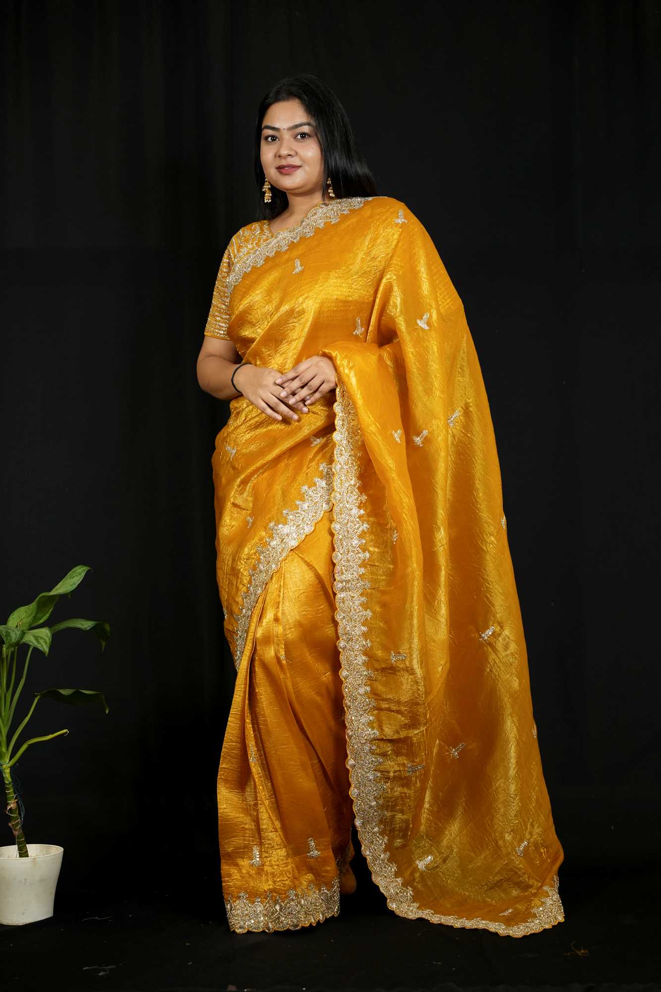 Gold Crush Silk with Zari & Sequin Embroidered C-Pallu and Cutwork Border Ready To Wear Sare