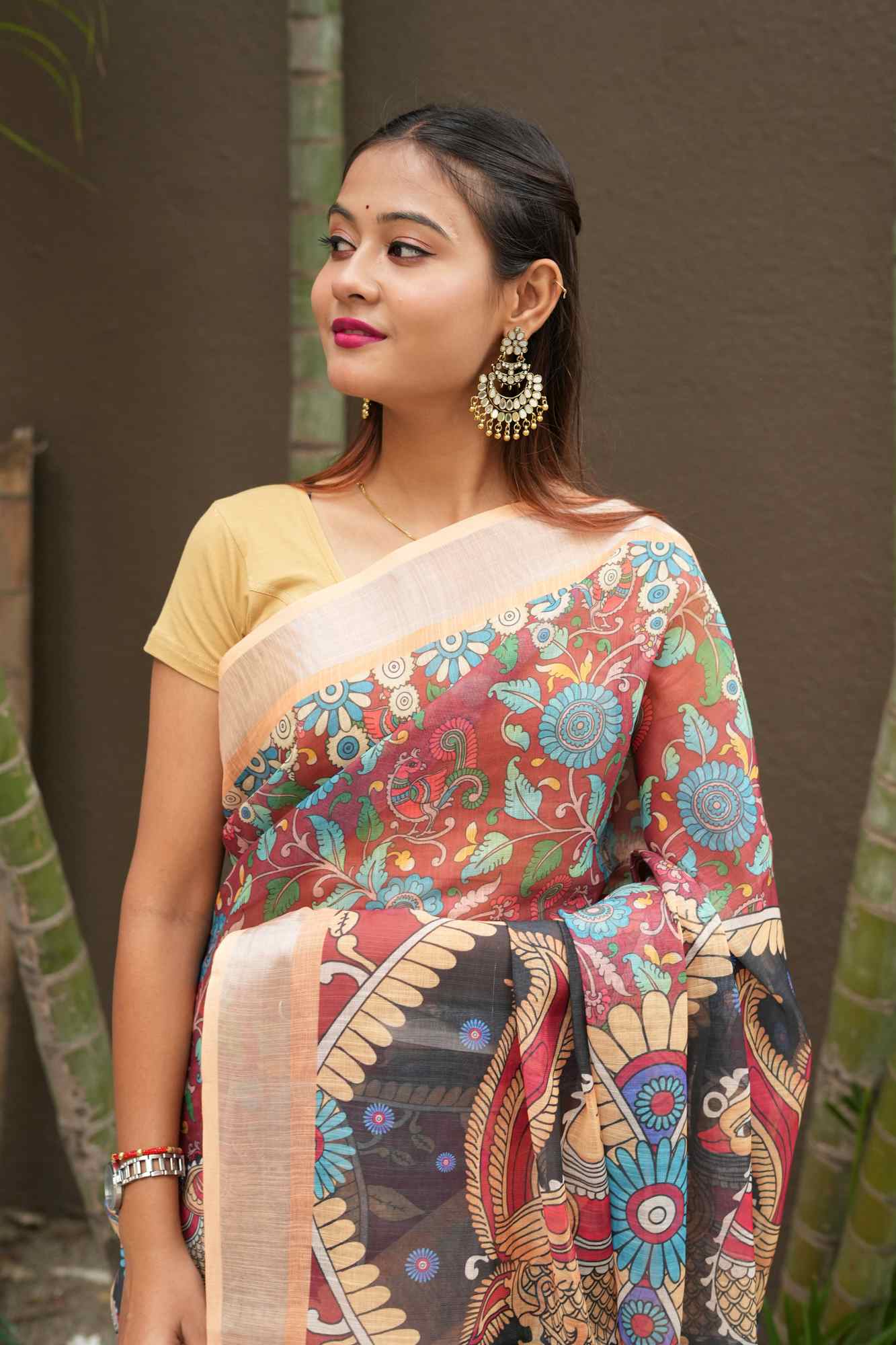 Kalamkari Cotton Silk with Peacock and Floral Motifs Ready To Wear Saree