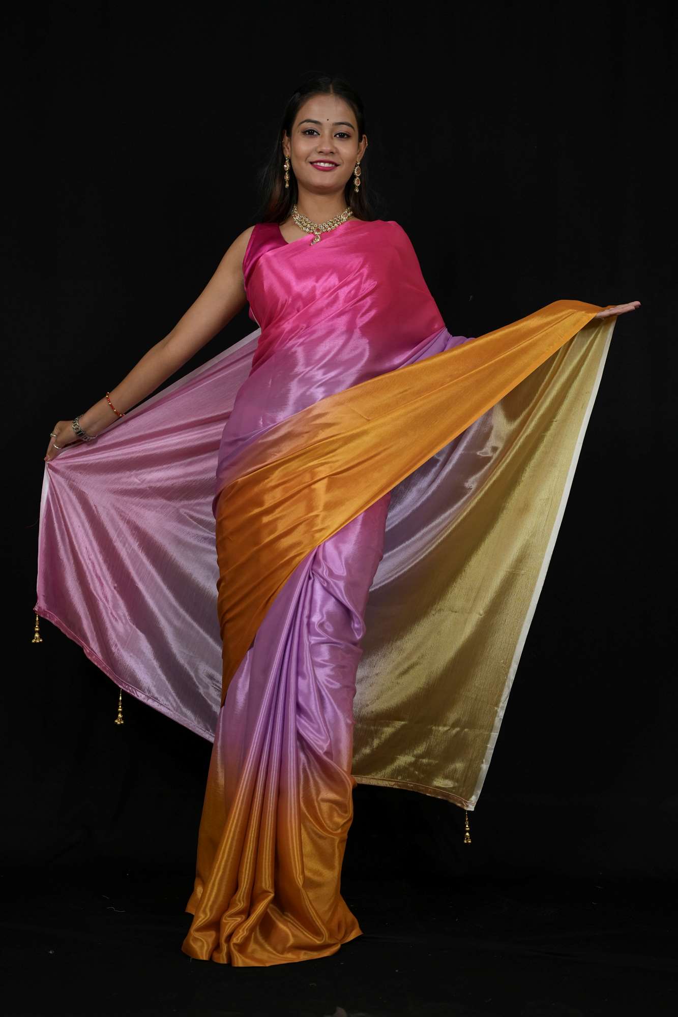 Vibrant Poly Georgette Ombre with Subtle Golden Border Ready To Wear Saree