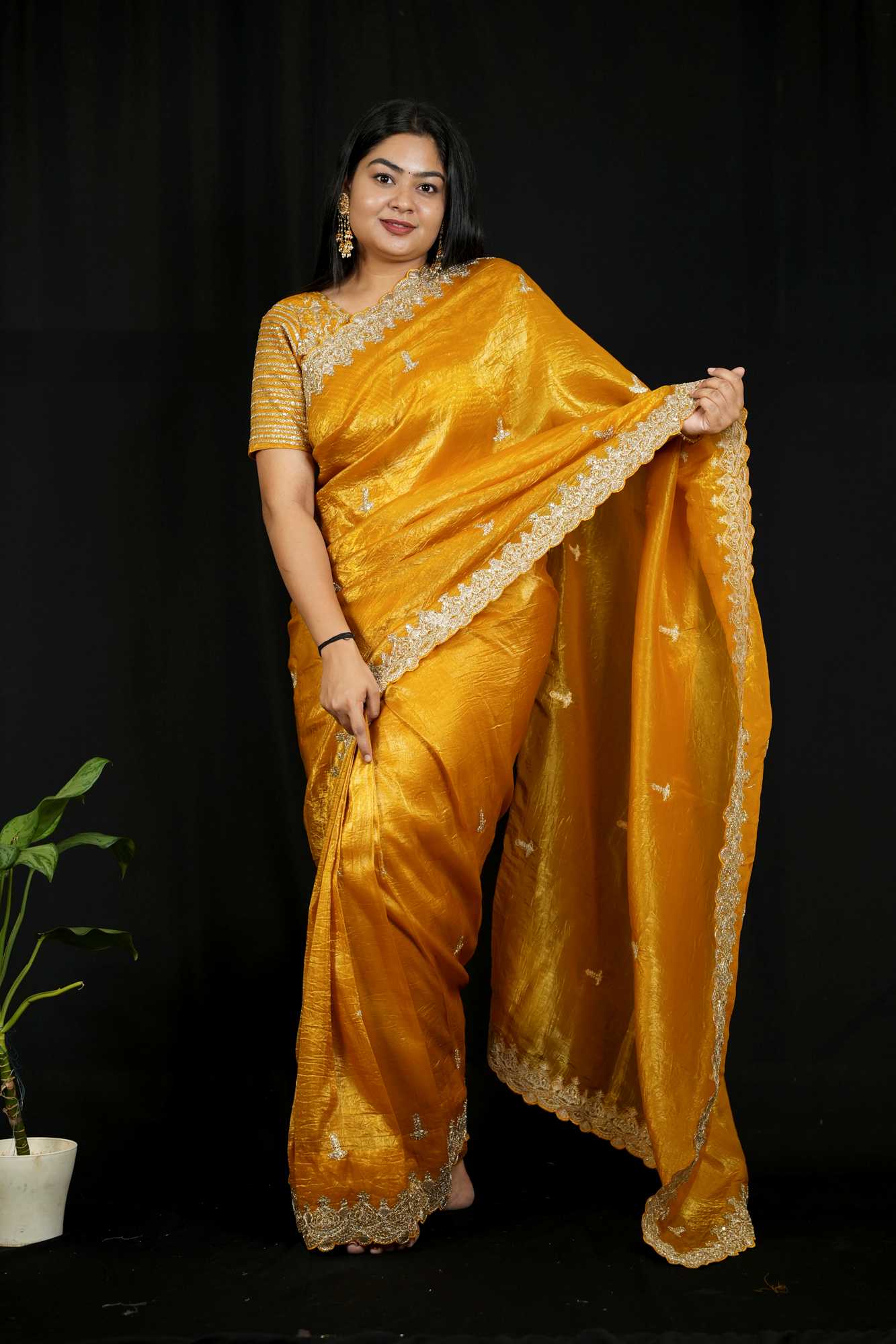 Gold Crush Silk with Zari & Sequin Embroidered C-Pallu and Cutwork Border Ready To Wear Sare