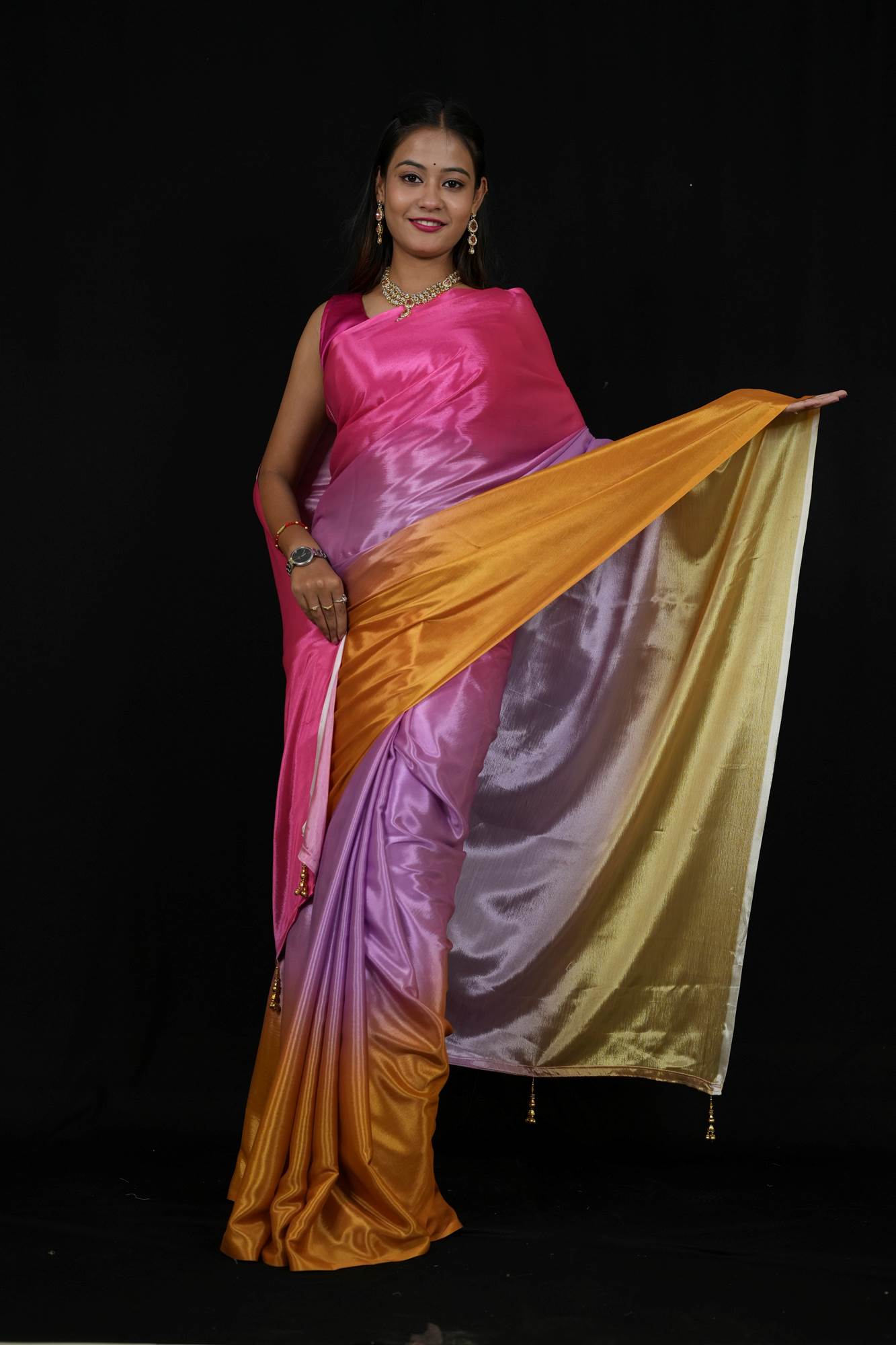 Vibrant Poly Georgette Ombre with Subtle Golden Border Ready To Wear Saree
