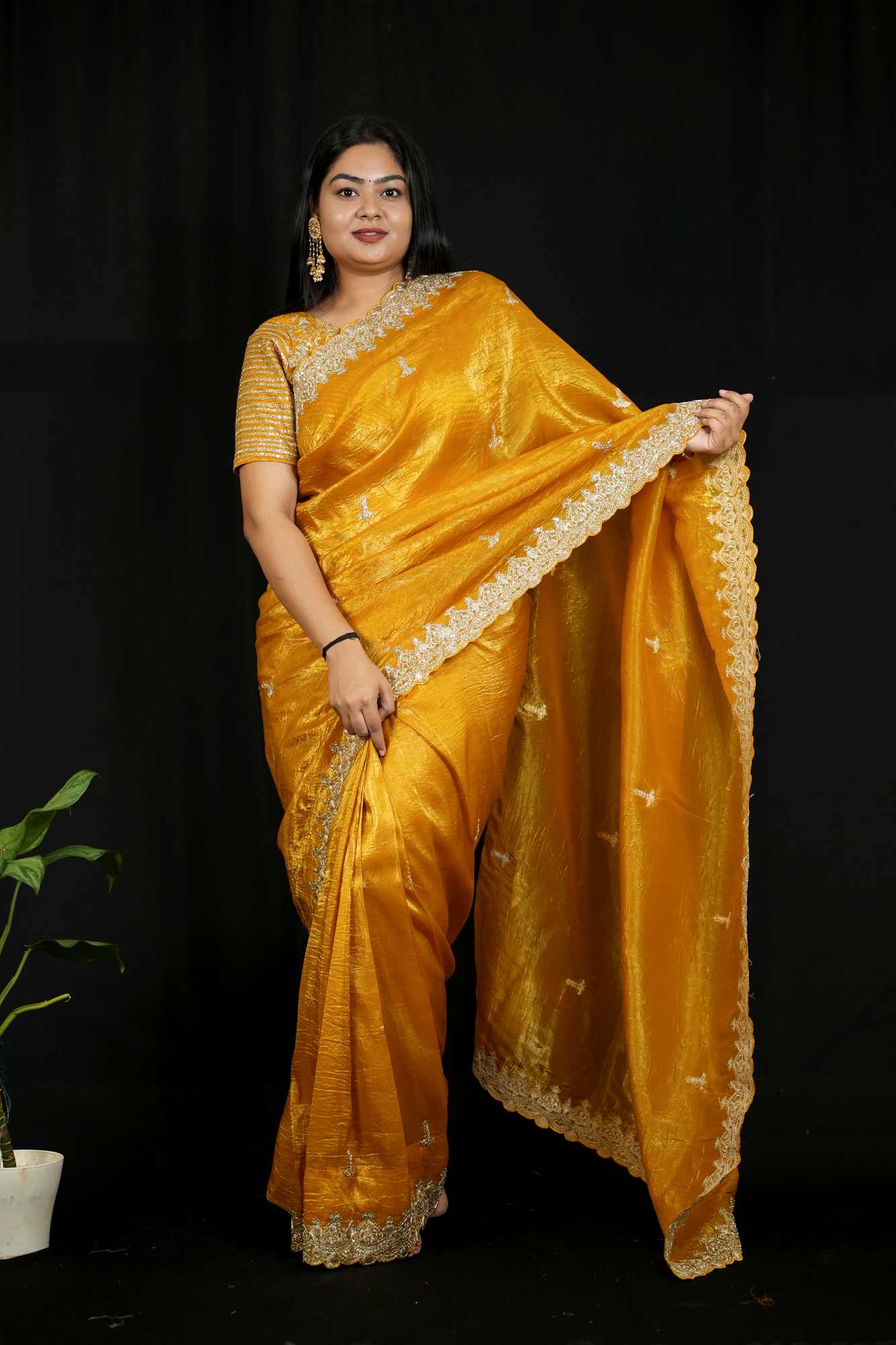 Gold Crush Silk with Zari & Sequin Embroidered C-Pallu and Cutwork Border Ready To Wear Sare