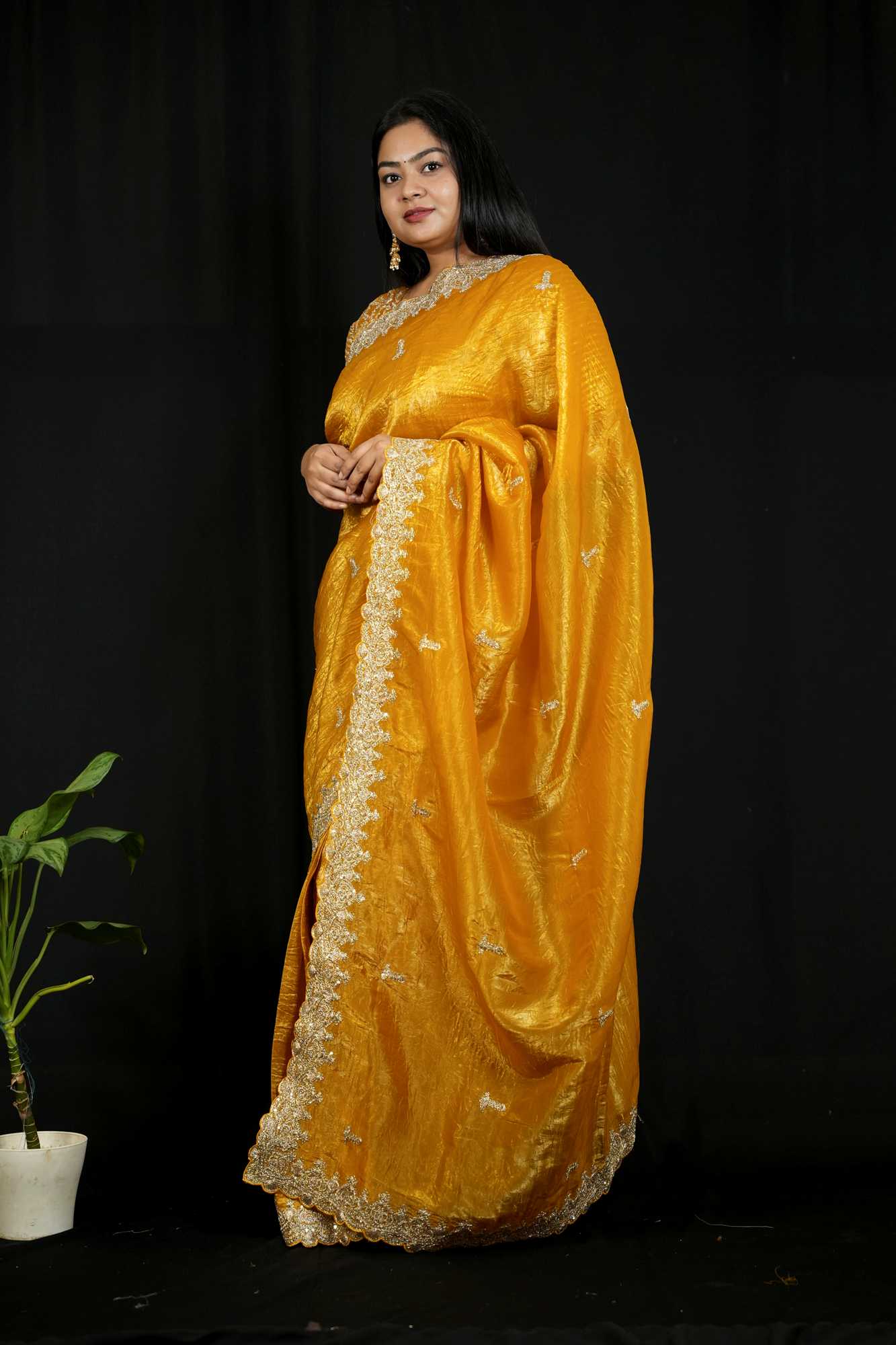 Gold Crush Silk with Zari & Sequin Embroidered C-Pallu and Cutwork Border Ready To Wear Sare