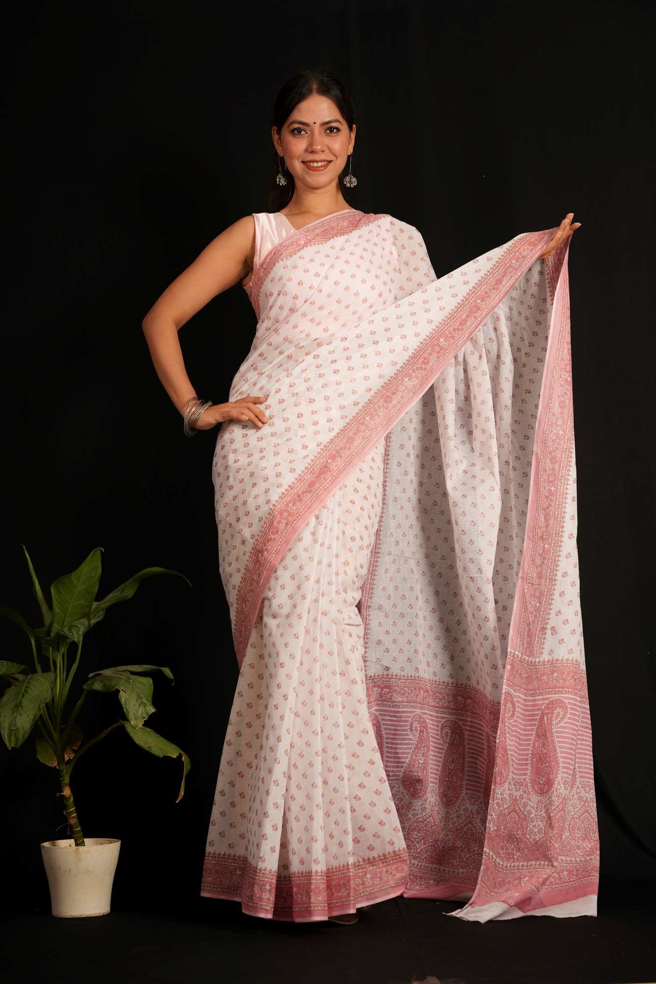 White Cotton with Soft Pink Paisley and Floral Prints Ready To Wear Saree