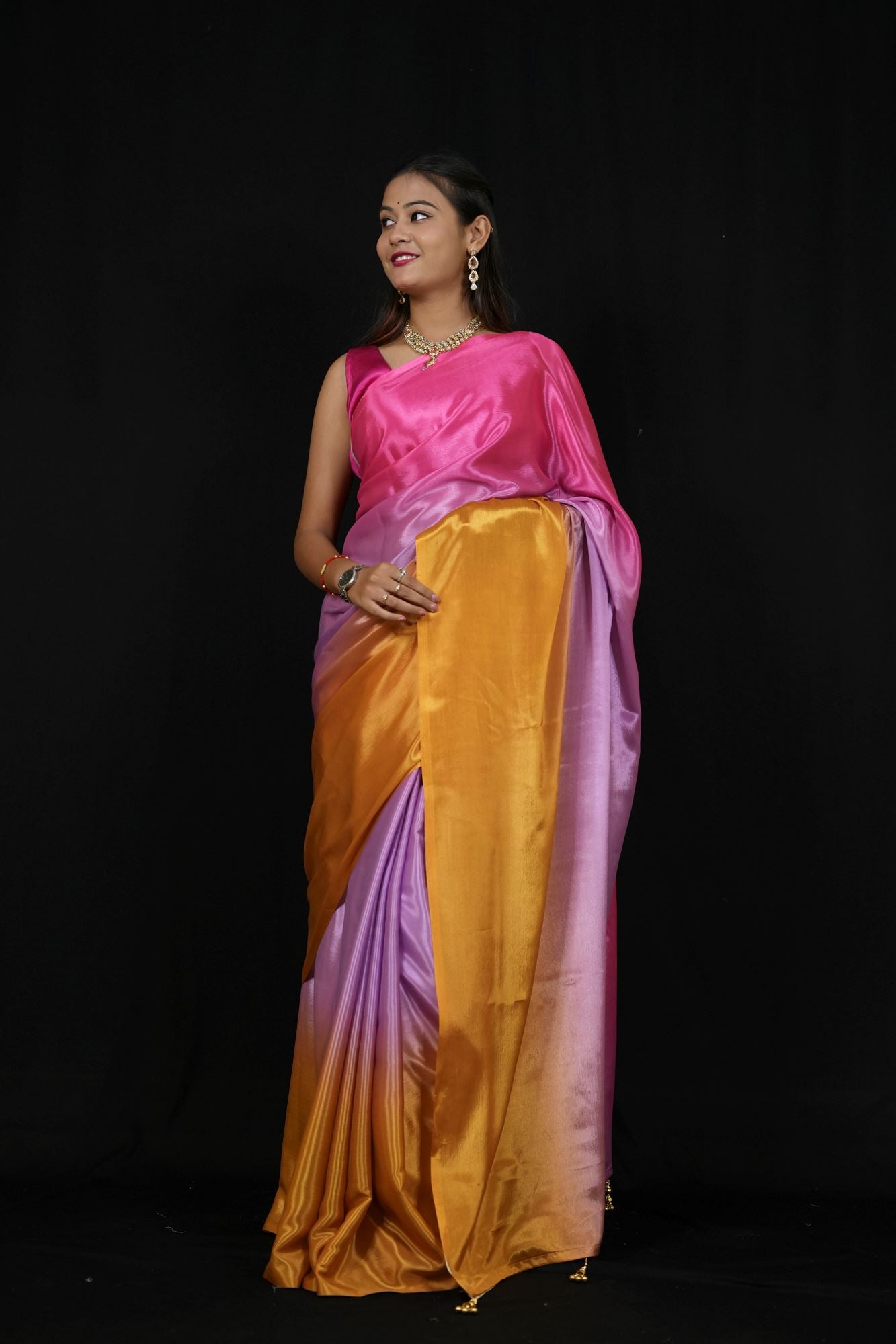 Vibrant Poly Georgette Ombre with Subtle Golden Border Ready To Wear Saree