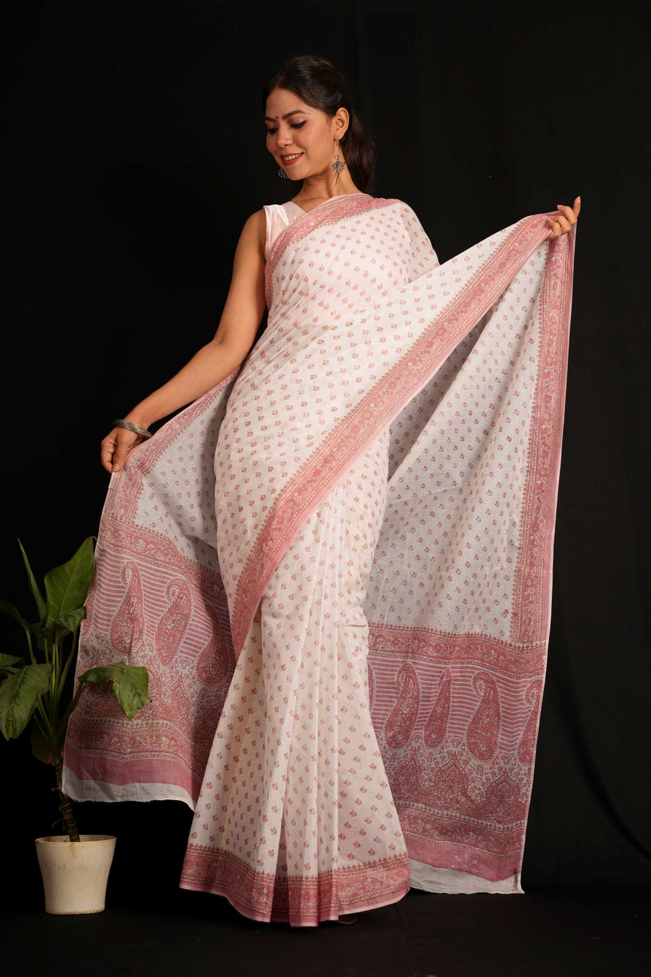 White Cotton with Soft Pink Paisley and Floral Prints Ready To Wear Saree