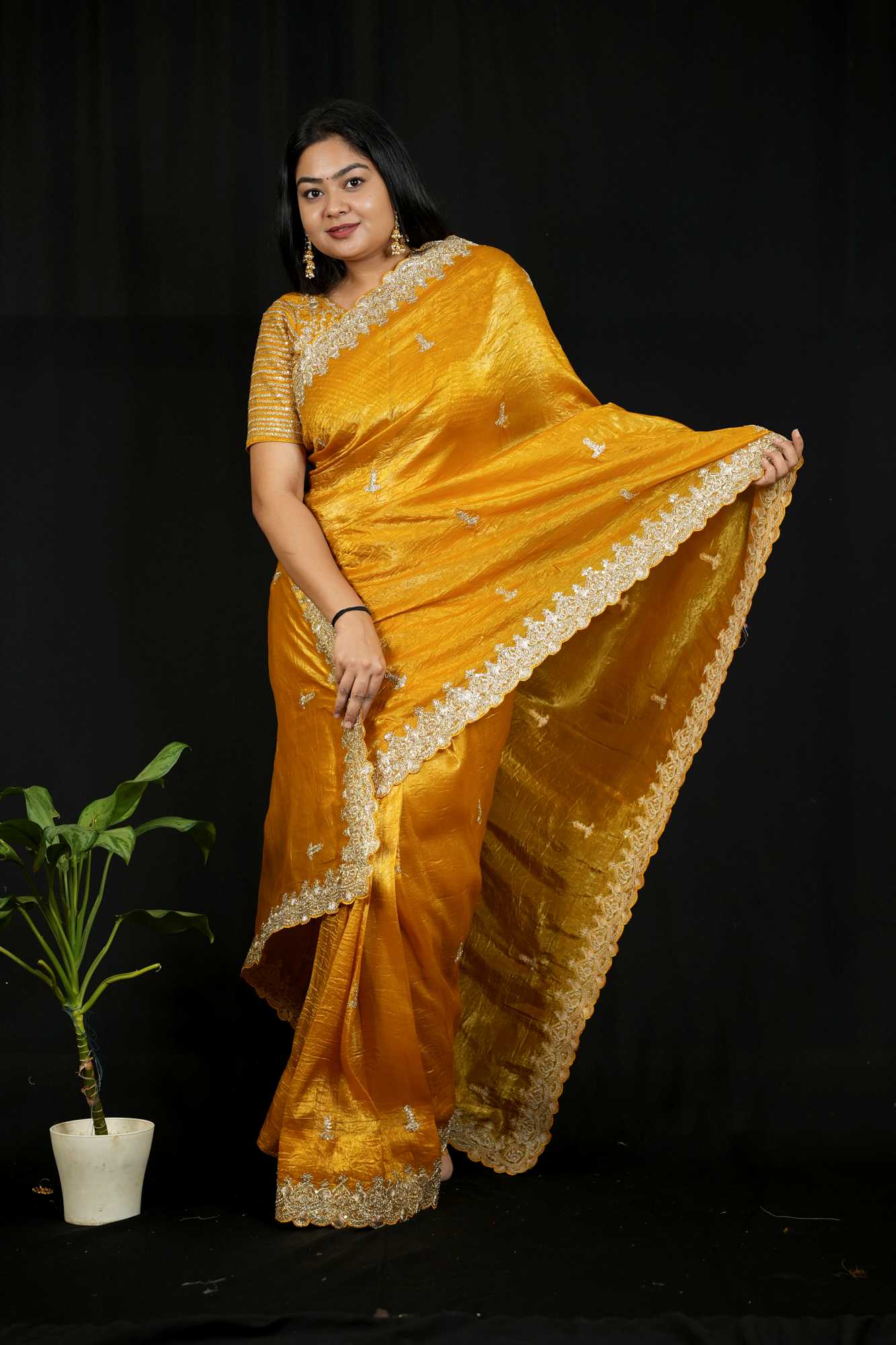 Gold Crush Silk with Zari & Sequin Embroidered C-Pallu and Cutwork Border Ready To Wear Sare