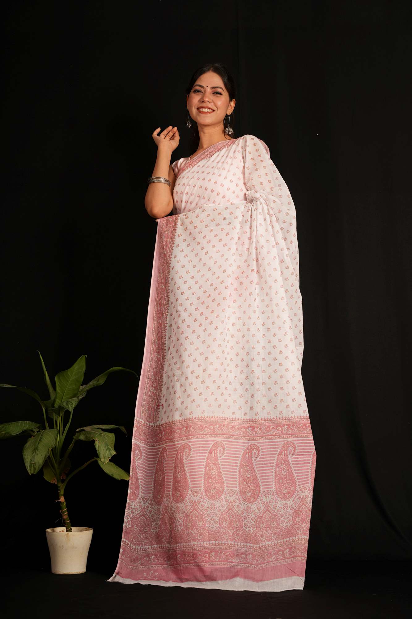White Cotton with Soft Pink Paisley and Floral Prints Ready To Wear Saree