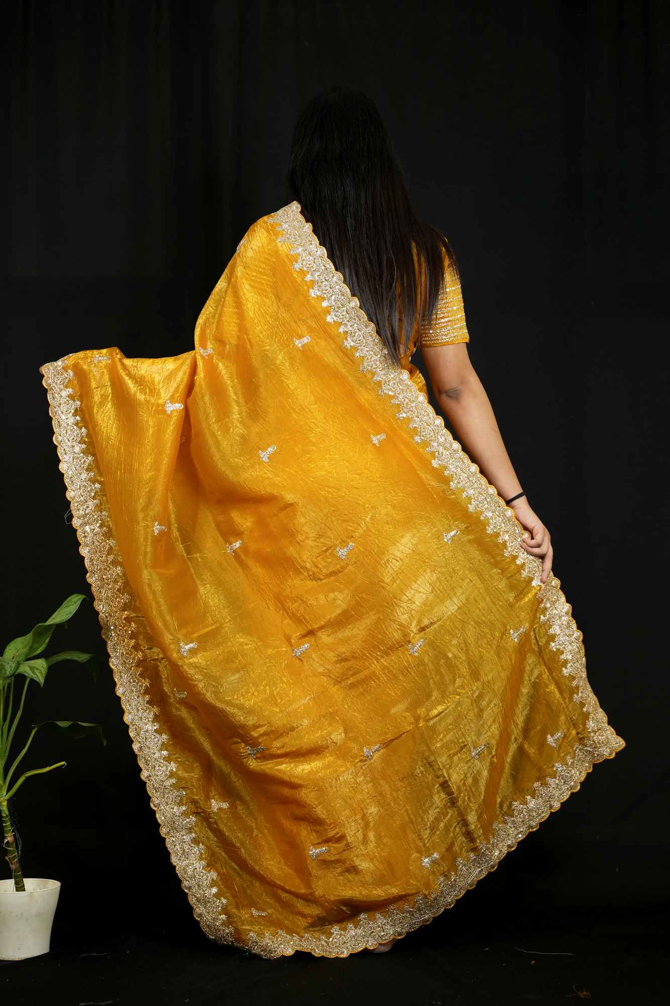 Gold Crush Silk with Zari & Sequin Embroidered C-Pallu and Cutwork Border Ready To Wear Sare