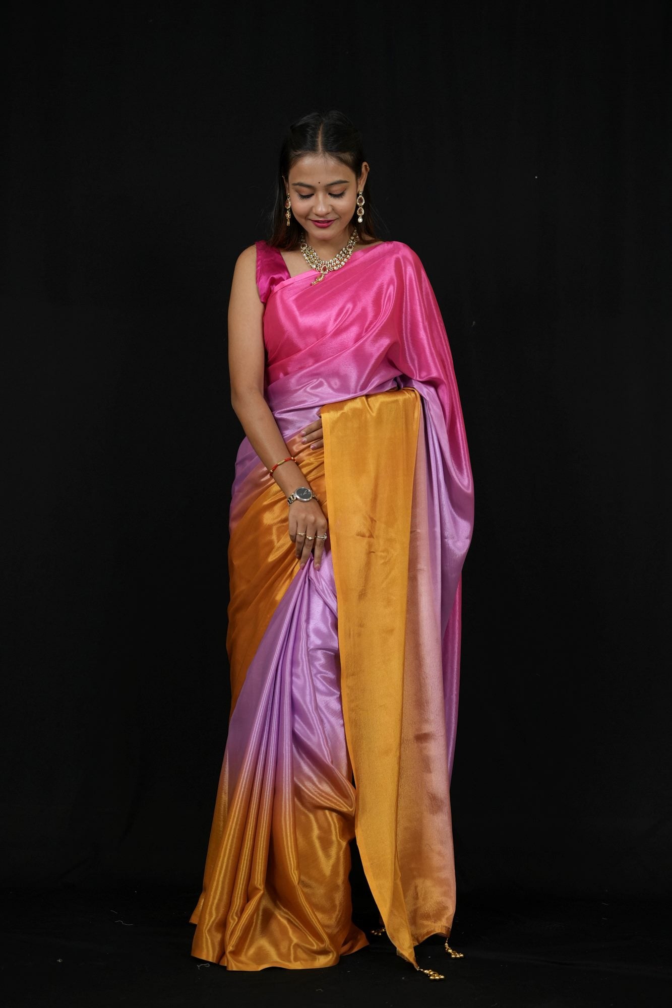 Vibrant Poly Georgette Ombre with Subtle Golden Border Ready To Wear Saree