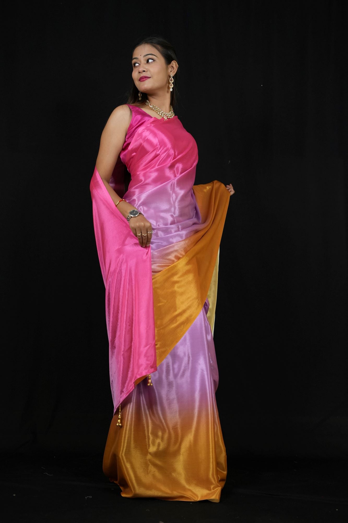 Vibrant Poly Georgette Ombre with Subtle Golden Border Ready To Wear Saree