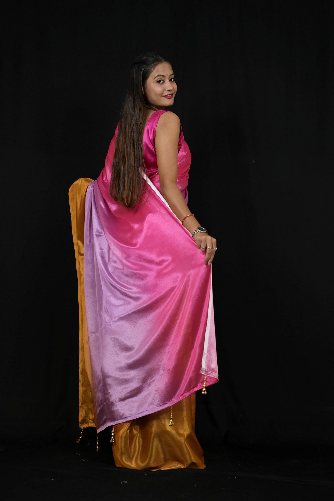 Vibrant Poly Georgette Ombre with Subtle Golden Border Ready To Wear Saree