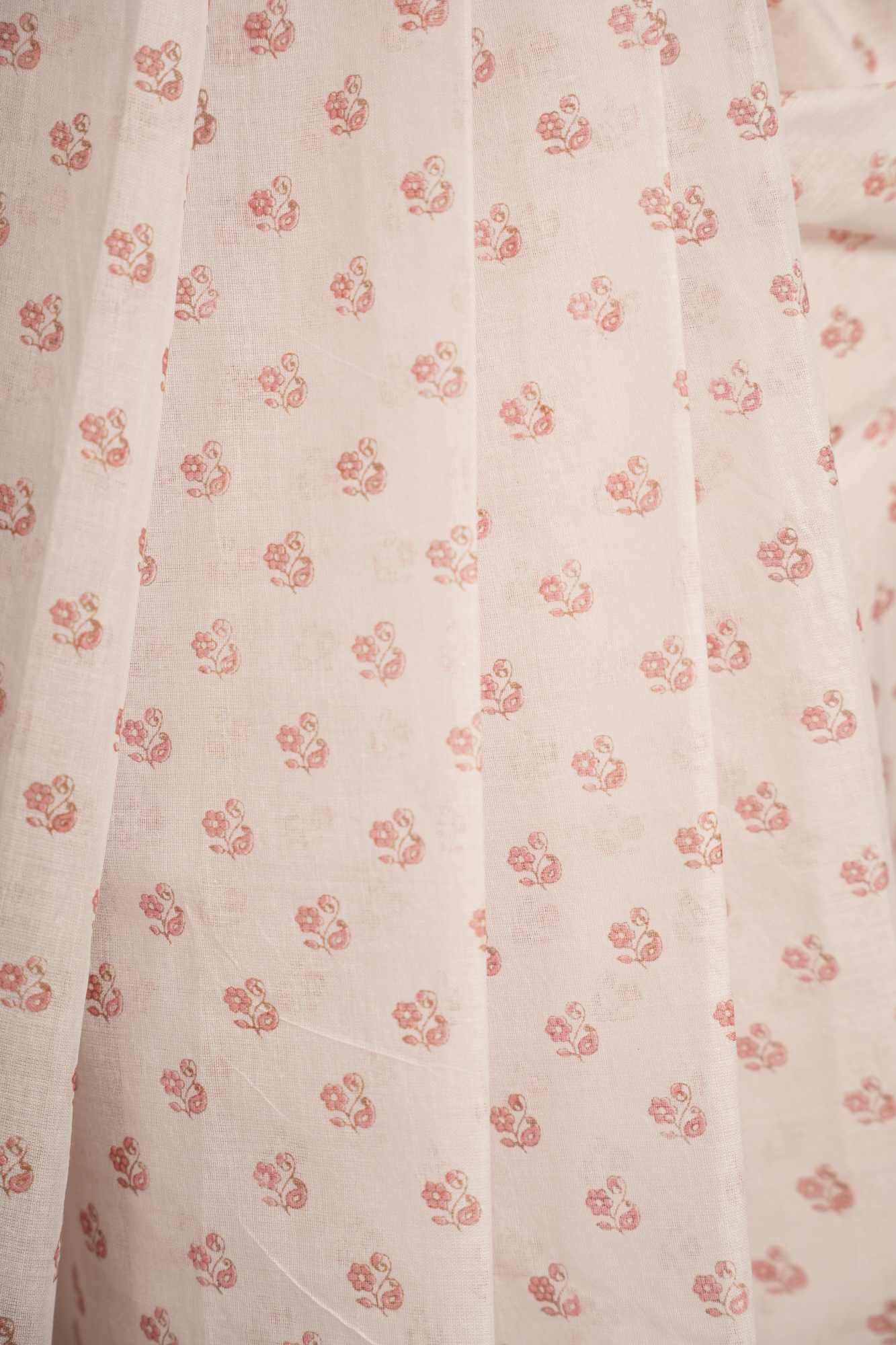 White Cotton with Soft Pink Paisley and Floral Prints Ready To Wear Saree