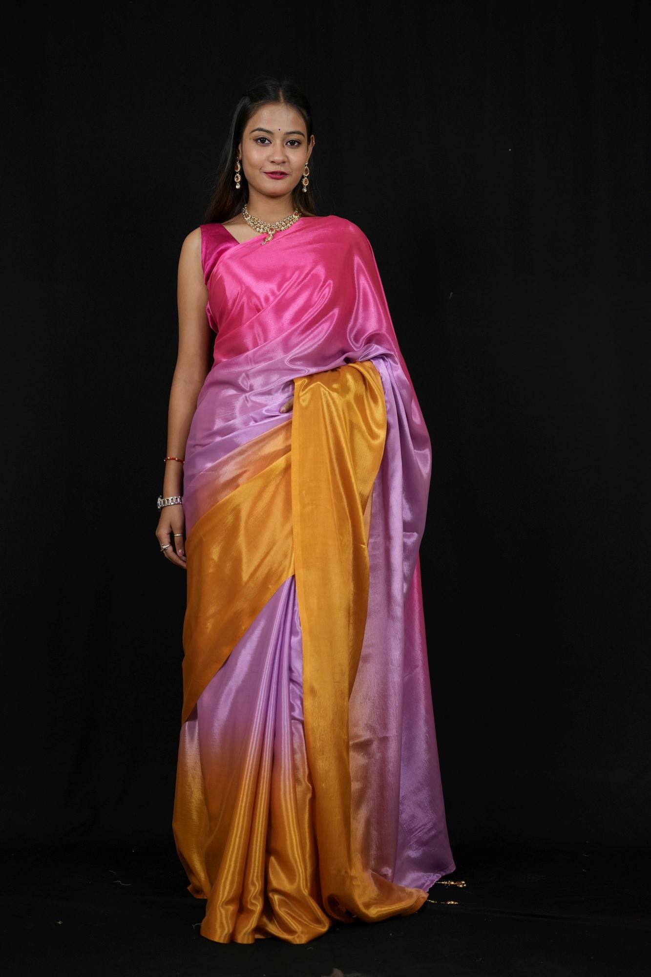 Vibrant Poly Georgette Ombre with Subtle Golden Border Ready To Wear Saree