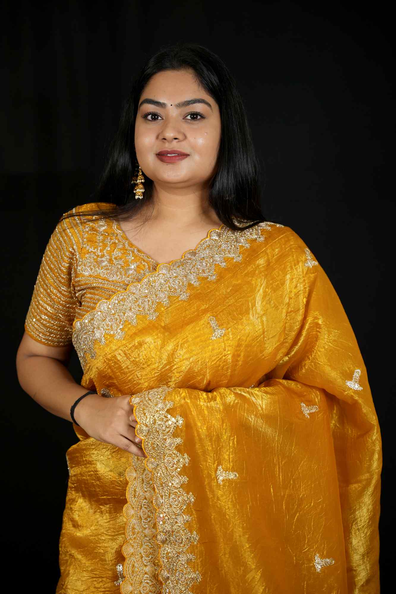 Gold Crush Silk with Zari & Sequin Embroidered C-Pallu and Cutwork Border Ready To Wear Sare