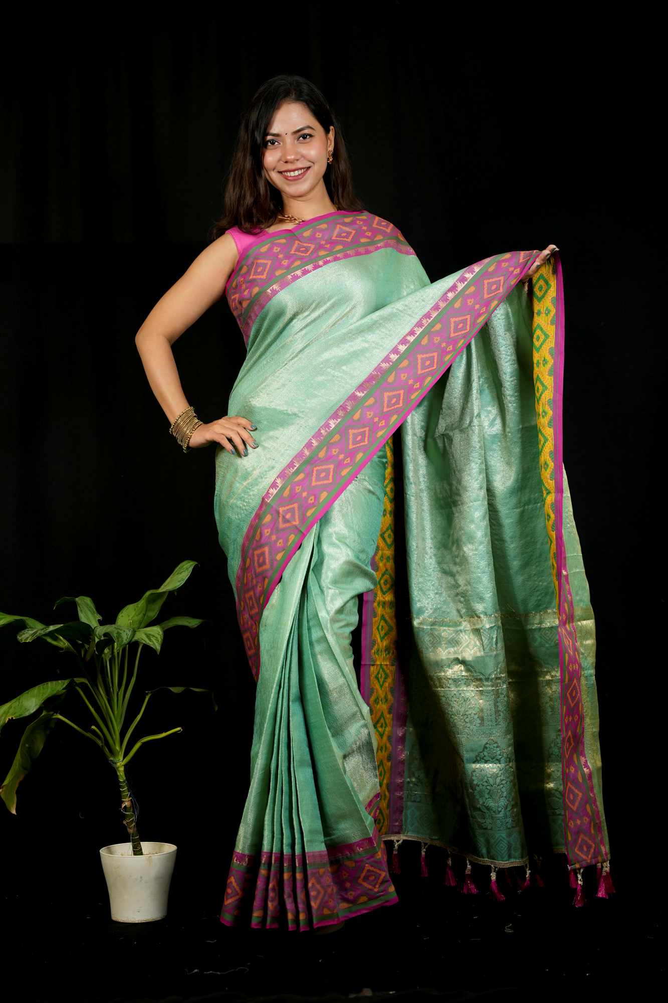 Sea Green Patola inspired Silk with Contrast Pink Ikat-Inspired Border Ready To Wear Saree