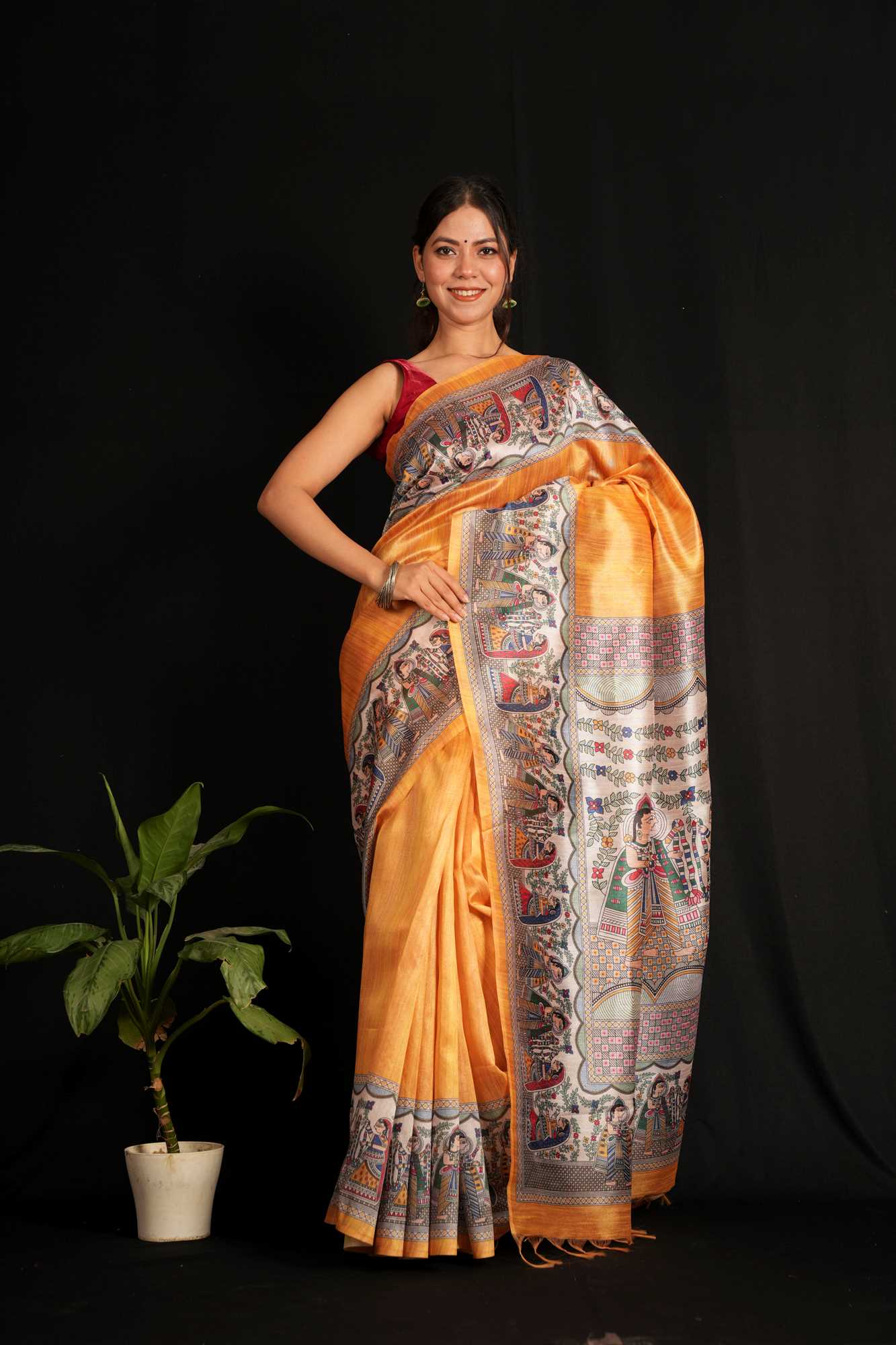 Beautiful Yellow Semi Ghicha Tussar Silk Saree with Madhubani Print Wrap in 1 Minute Saree