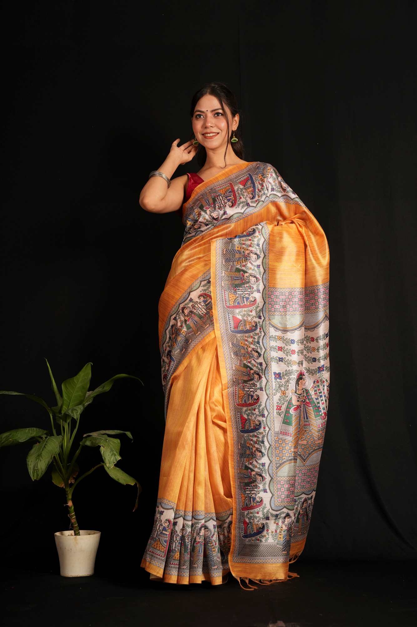 Beautiful Yellow Semi Ghicha Tussar Silk Saree with Madhubani Print Wrap in 1 Minute Saree