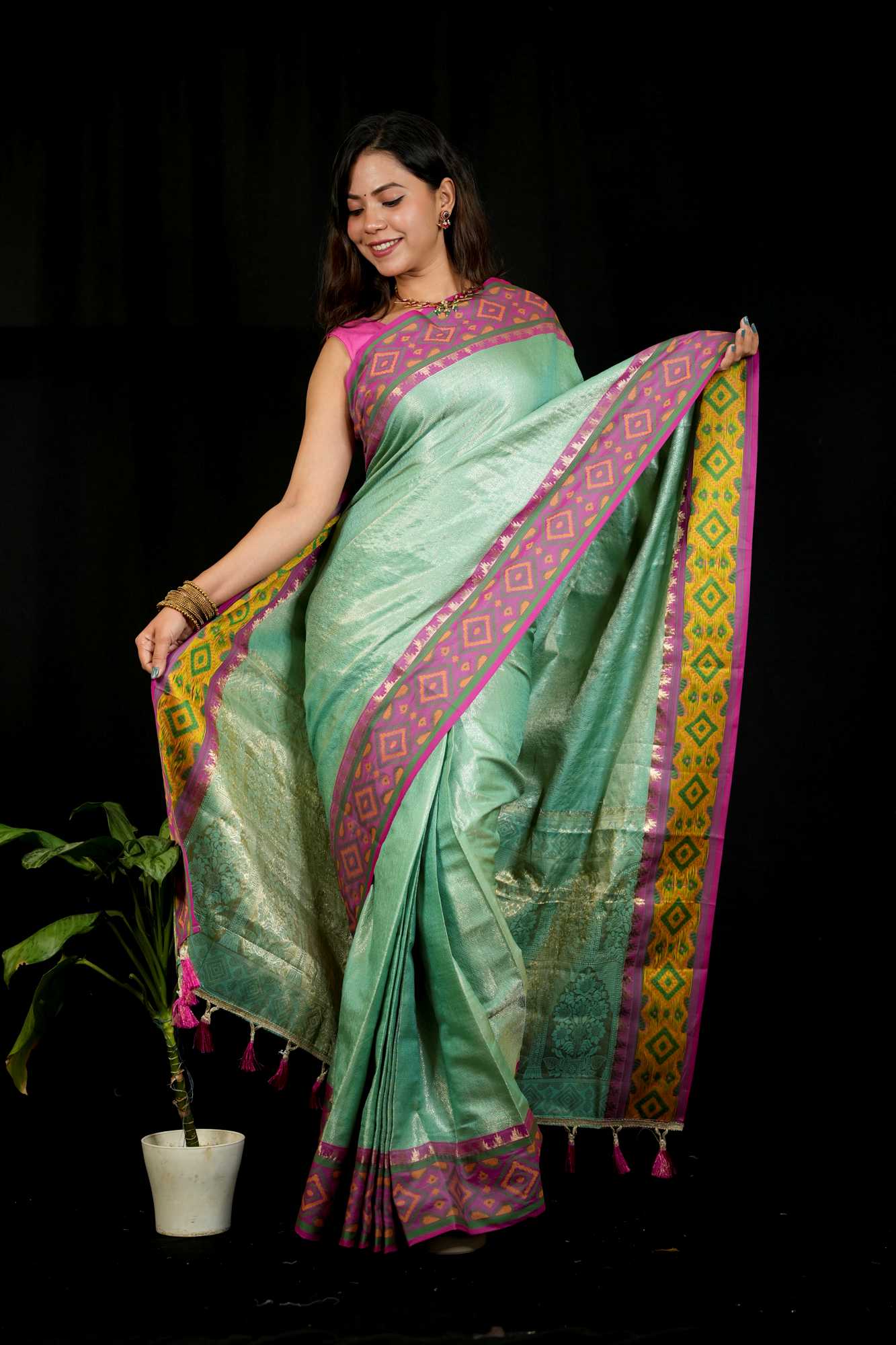 Sea Green Patola inspired Silk with Contrast Pink Ikat-Inspired Border Ready To Wear Saree