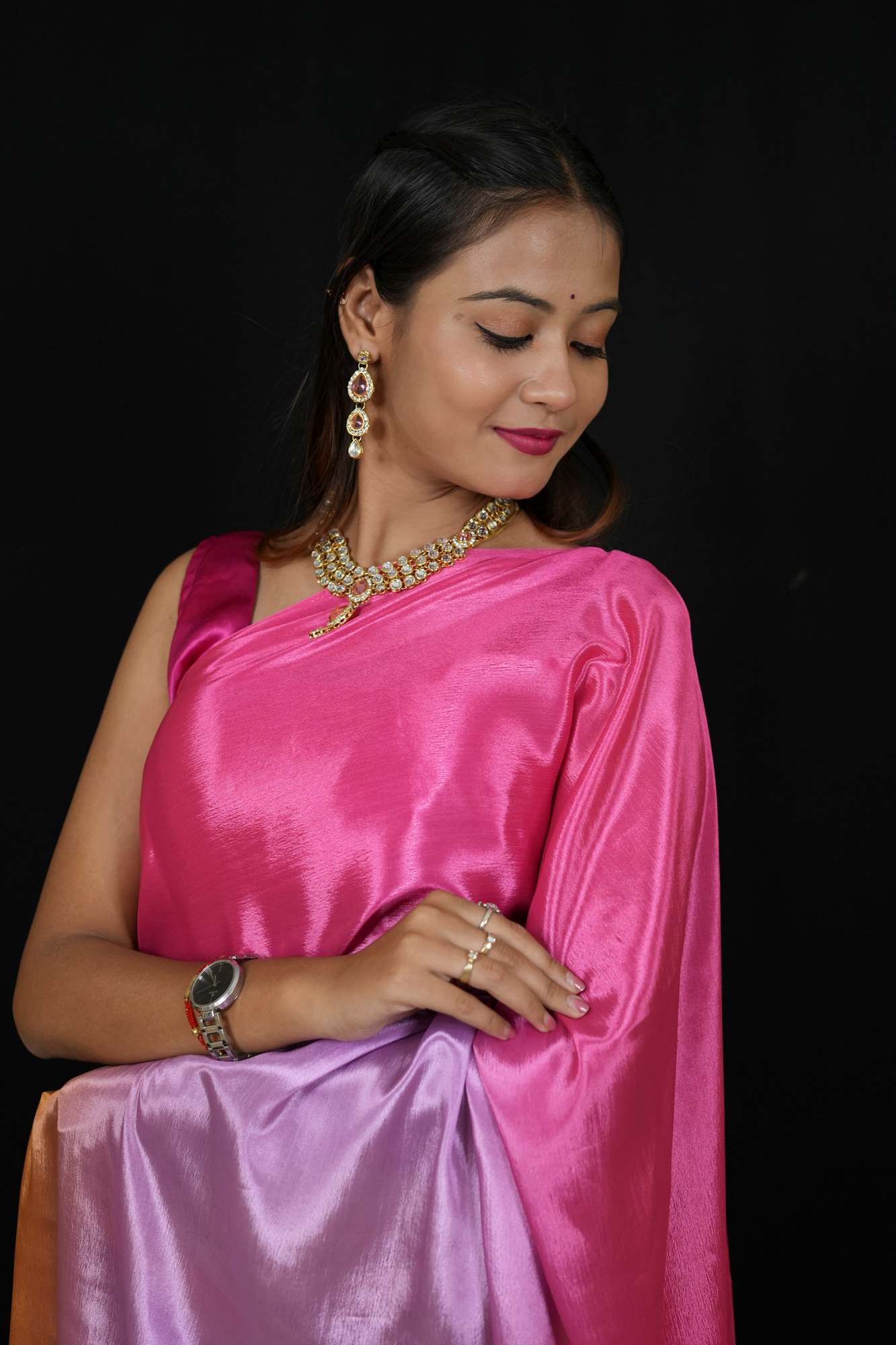 Vibrant Poly Georgette Ombre with Subtle Golden Border Ready To Wear Saree