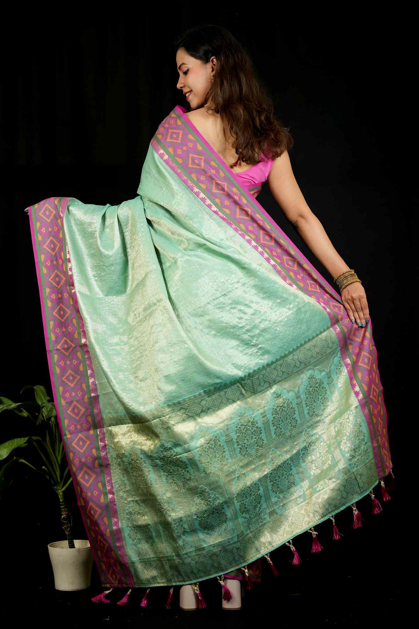Sea Green Patola inspired Silk with Contrast Pink Ikat-Inspired Border Ready To Wear Saree