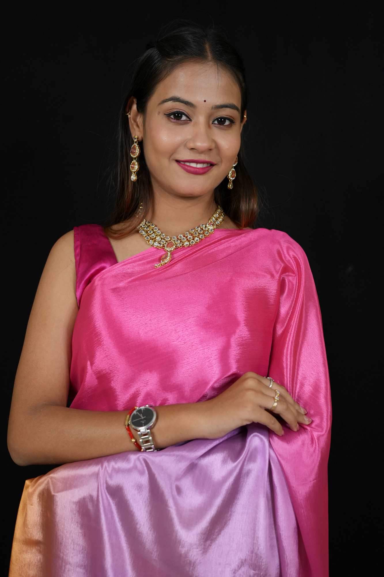 Vibrant Poly Georgette Ombre with Subtle Golden Border Ready To Wear Saree