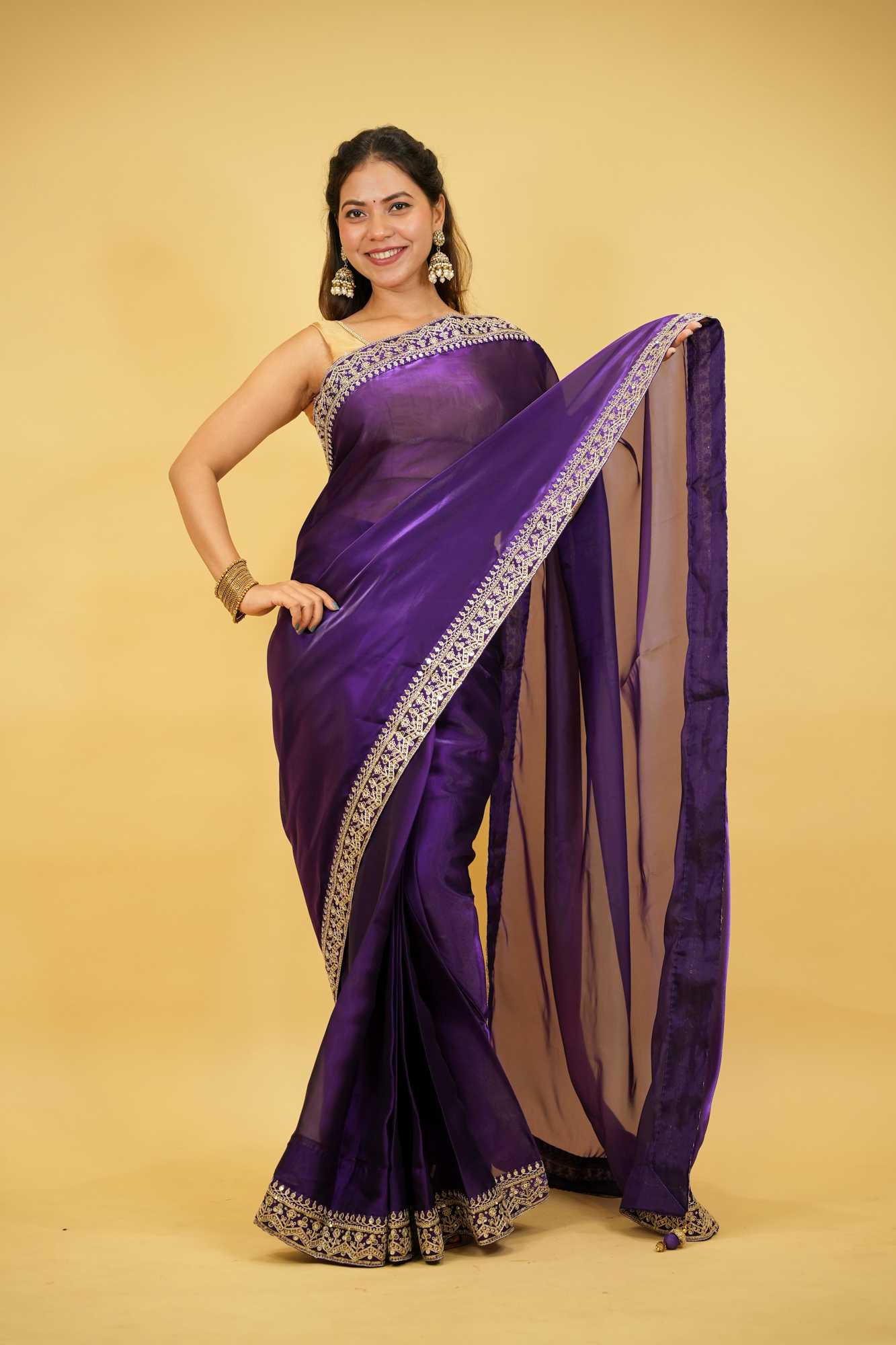 Cotton Organza Crepe Royal Purple with Zari Embroidery Ready To Wear Saree with ready halter blouse
