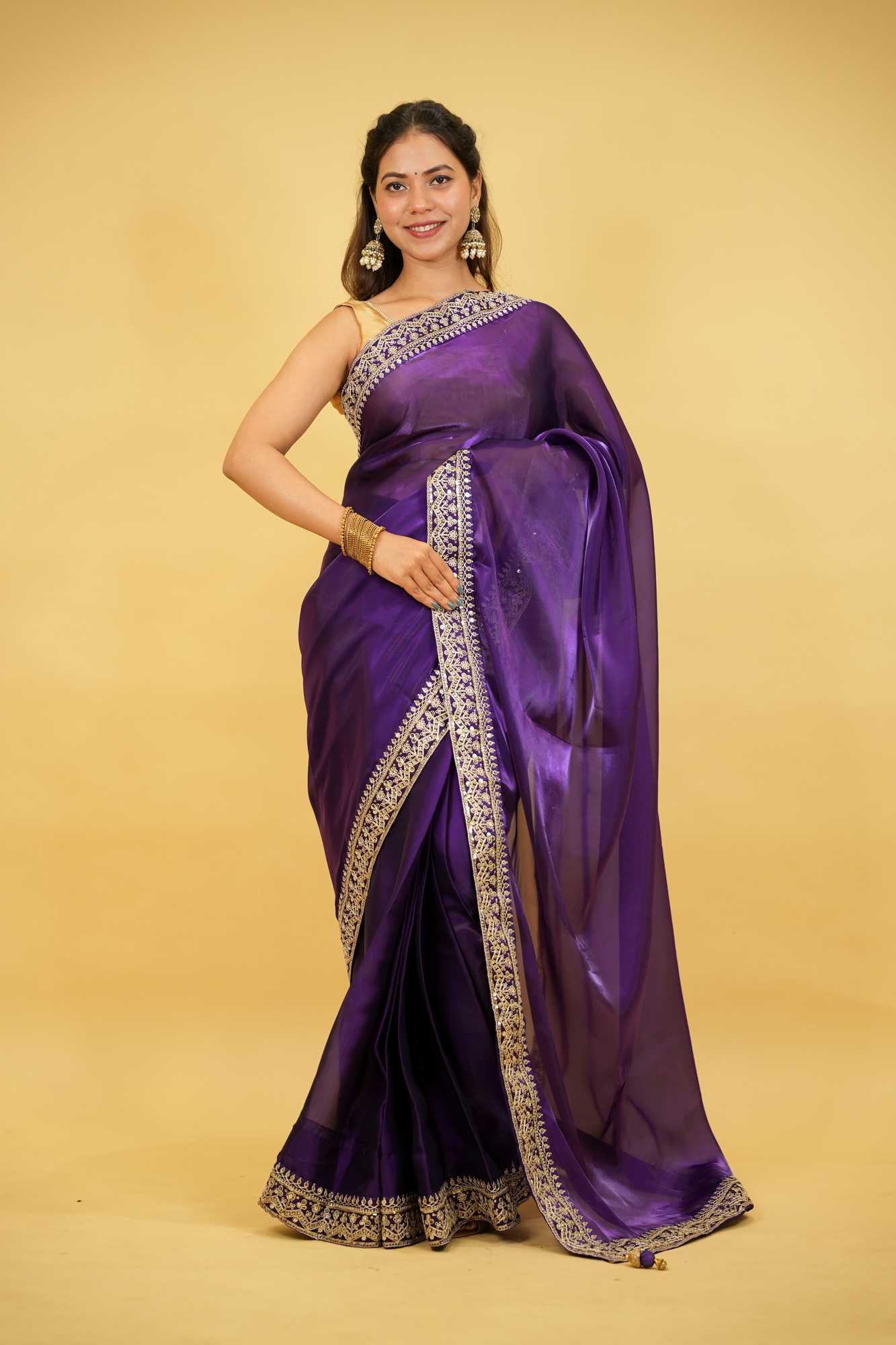 Cotton Organza Crepe Royal Purple with Zari Embroidery Ready To Wear Saree with ready halter blouse