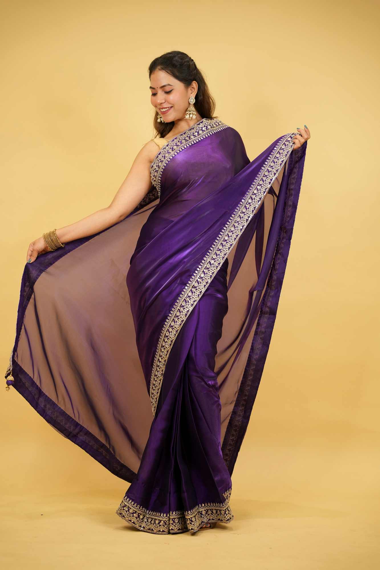 Cotton Organza Crepe Royal Purple with Zari Embroidery Ready To Wear Saree with ready halter blouse