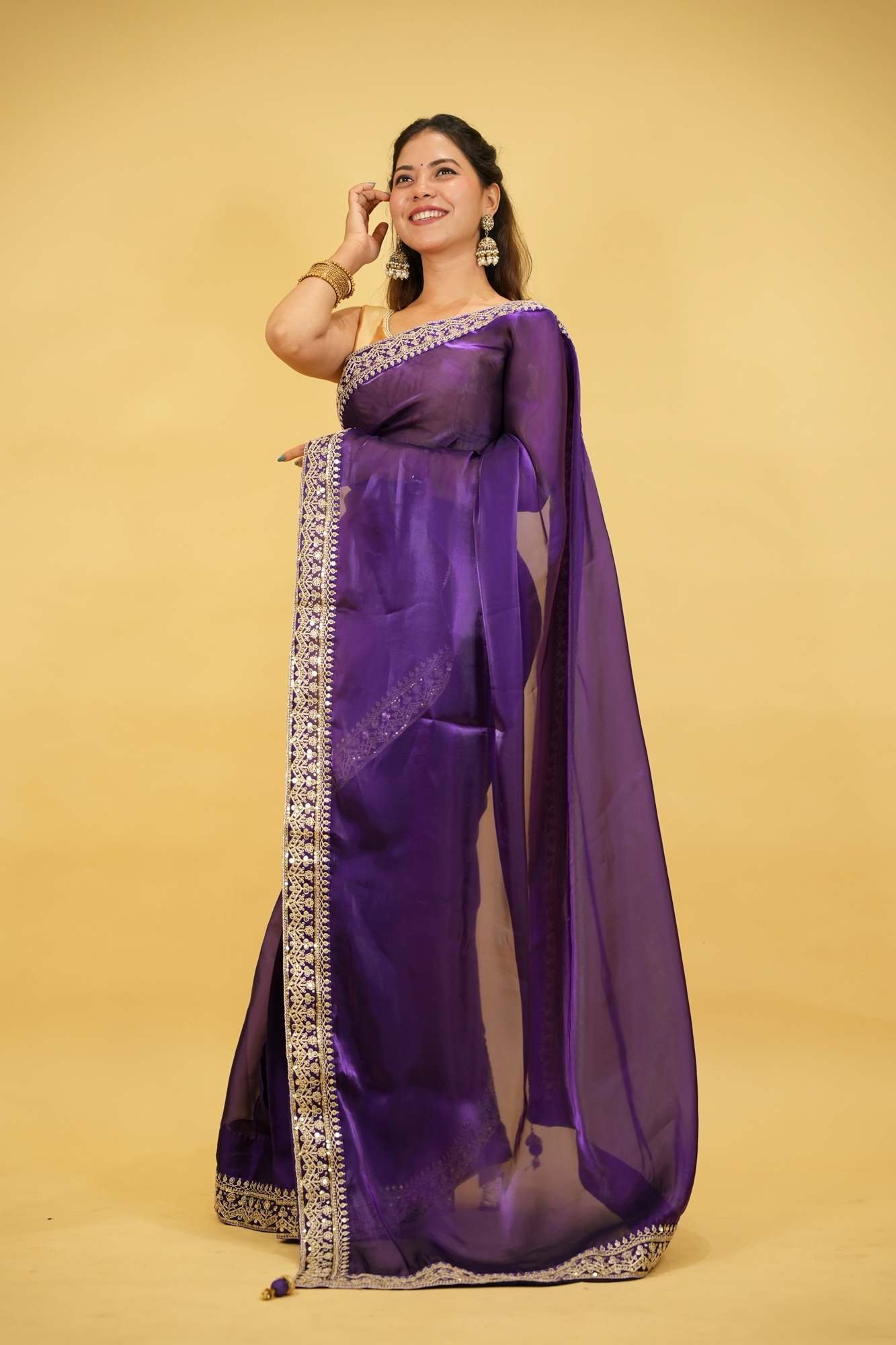 Cotton Organza Crepe Royal Purple with Zari Embroidery Ready To Wear Saree with ready halter blouse