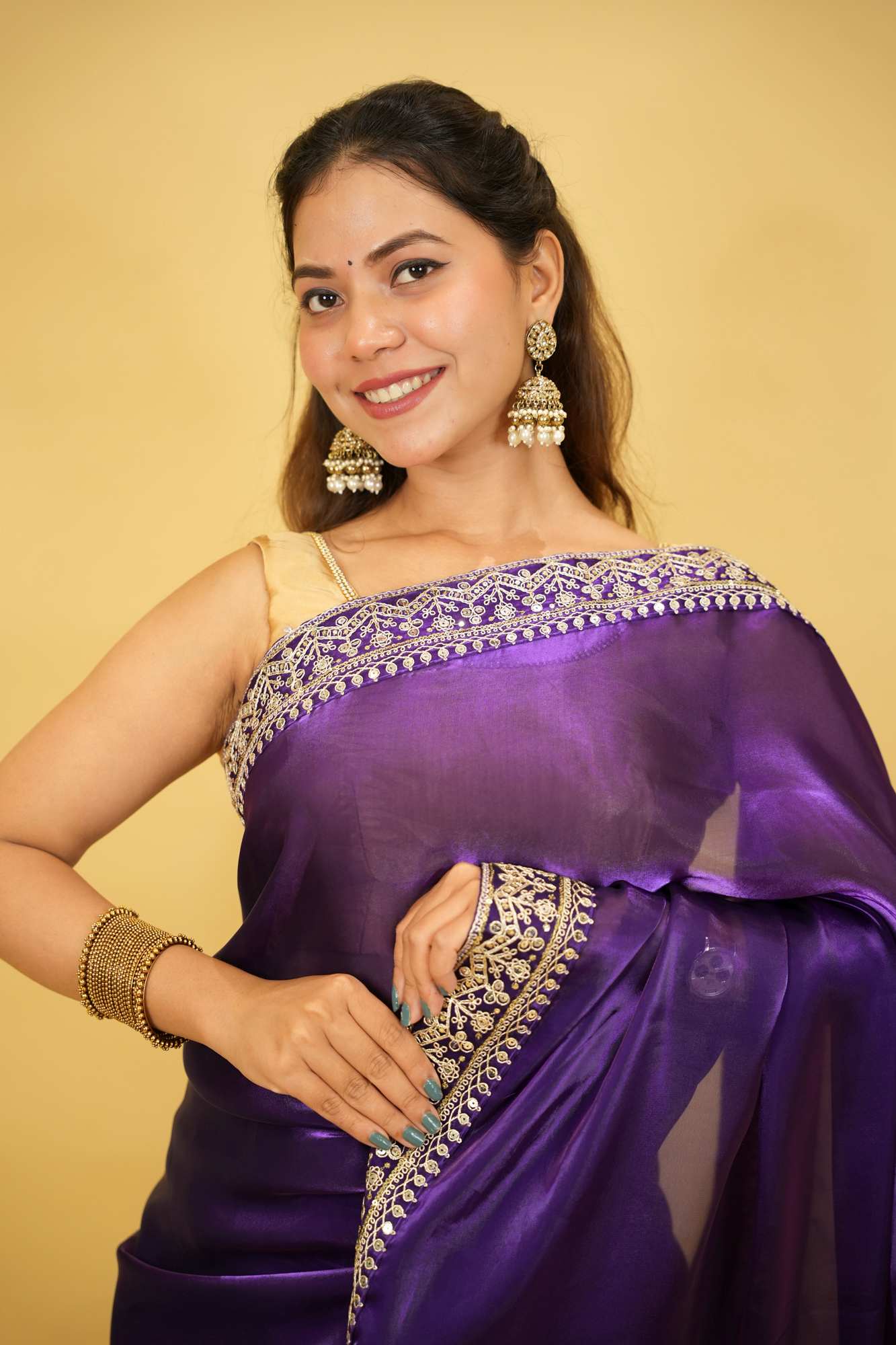 Cotton Organza Crepe Royal Purple with Zari Embroidery Ready To Wear Saree with ready halter blouse