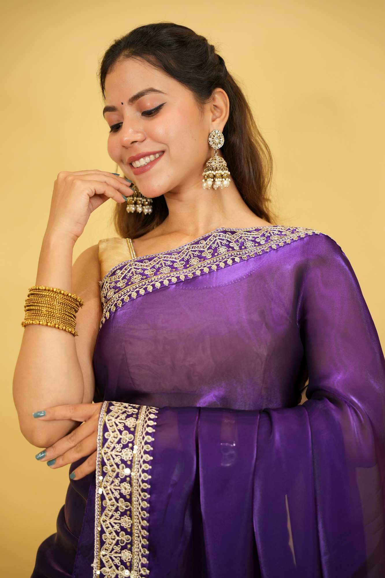 Cotton Organza Crepe Royal Purple with Zari Embroidery Ready To Wear Saree with ready halter blouse
