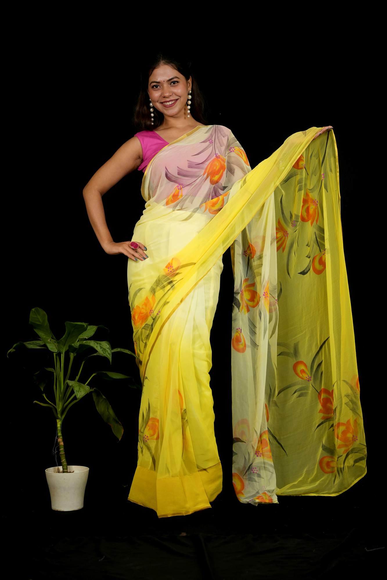 Yellow Chiffon with Hand-Painted Floral Elegance Ready To Wear Saree