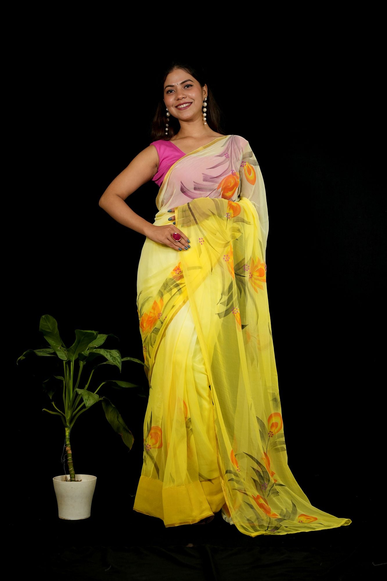 Yellow Chiffon with Hand-Painted Floral Elegance Ready To Wear Saree