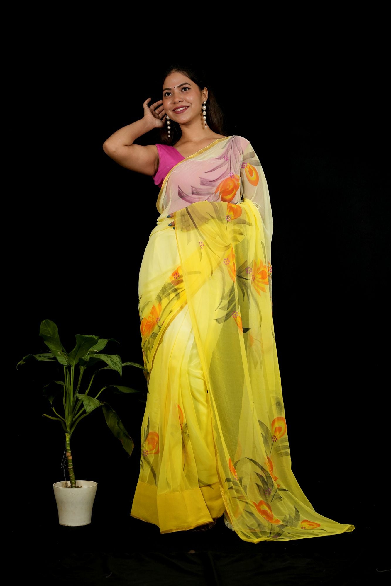 Yellow Chiffon with Hand-Painted Floral Elegance Ready To Wear Saree