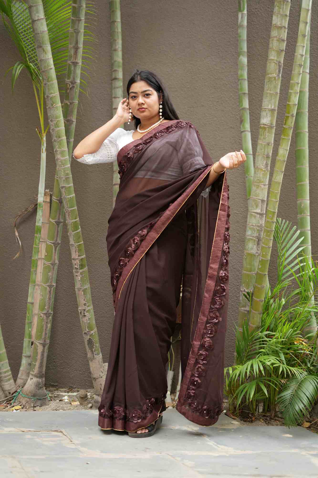 Poly Georgette with 3D Floral Embellished Border Ready To Wear Saree