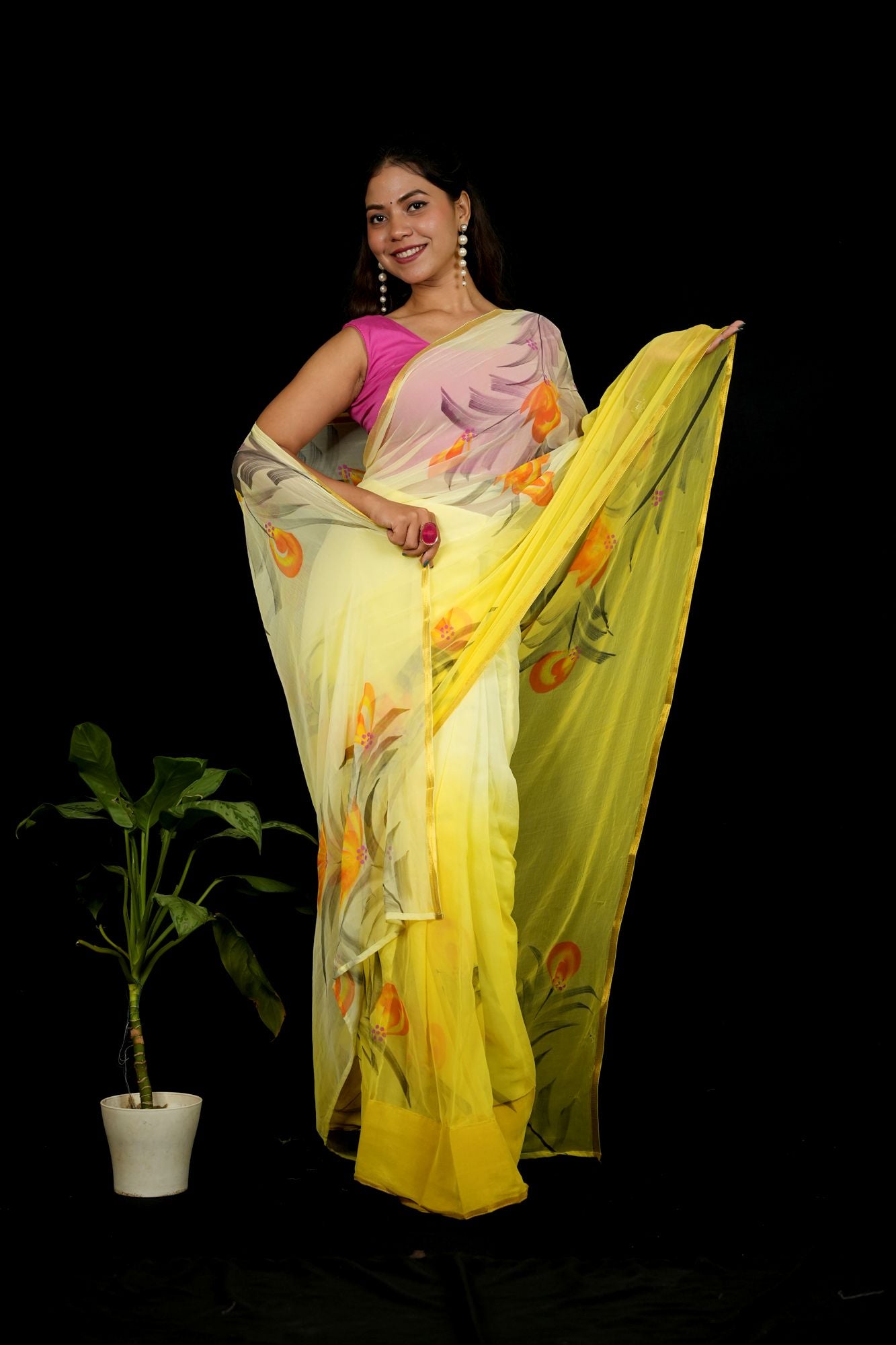 Yellow Chiffon with Hand-Painted Floral Elegance Ready To Wear Saree