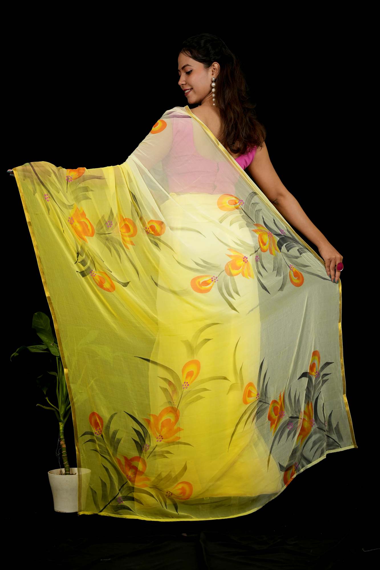 Yellow Chiffon with Hand-Painted Floral Elegance Ready To Wear Saree