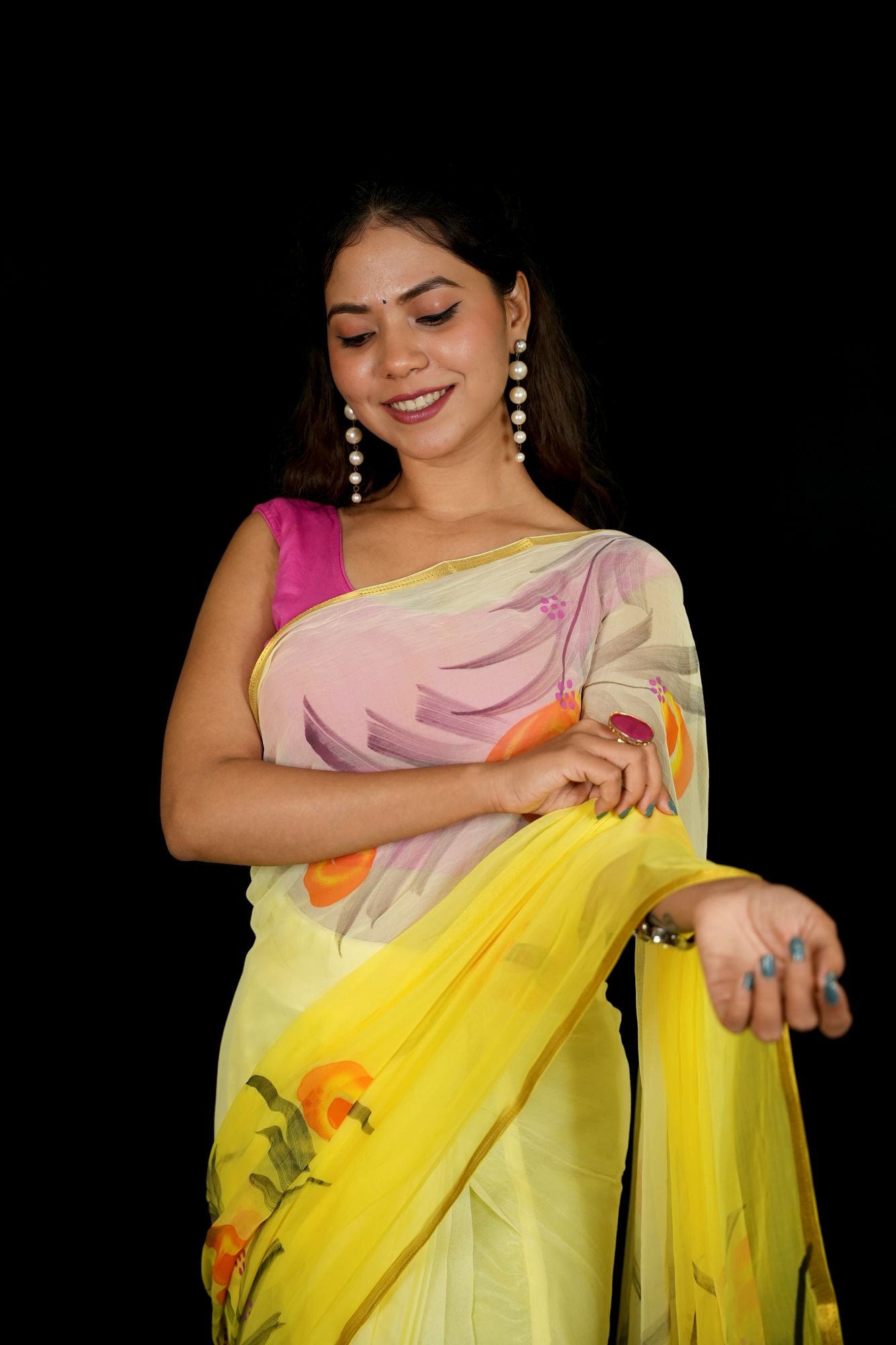 Yellow Chiffon with Hand-Painted Floral Elegance Ready To Wear Saree