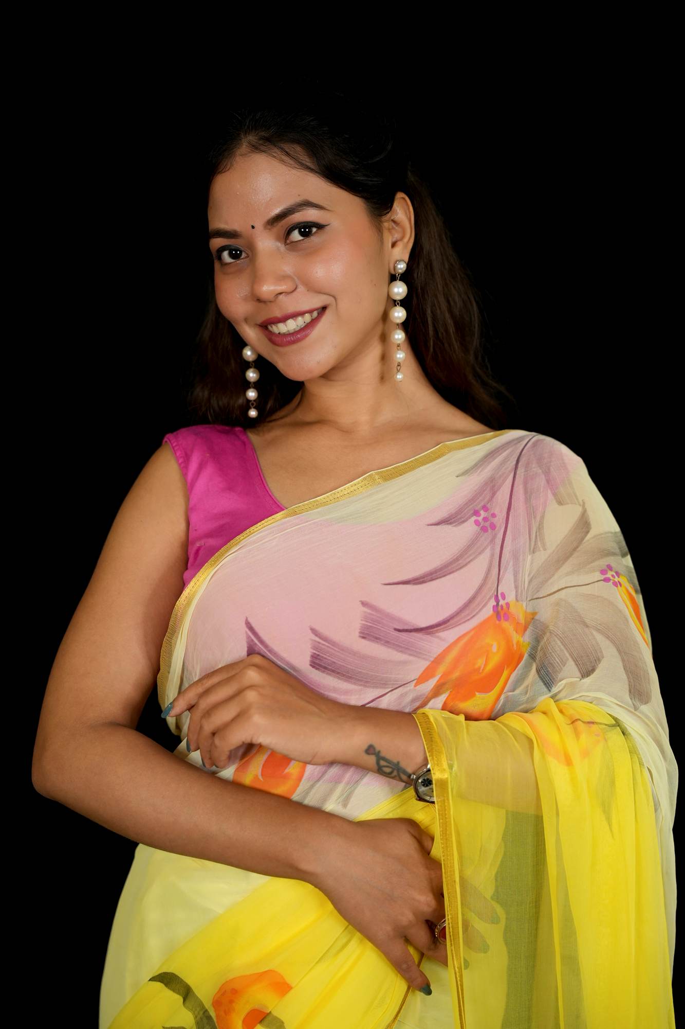 Yellow Chiffon with Hand-Painted Floral Elegance Ready To Wear Saree