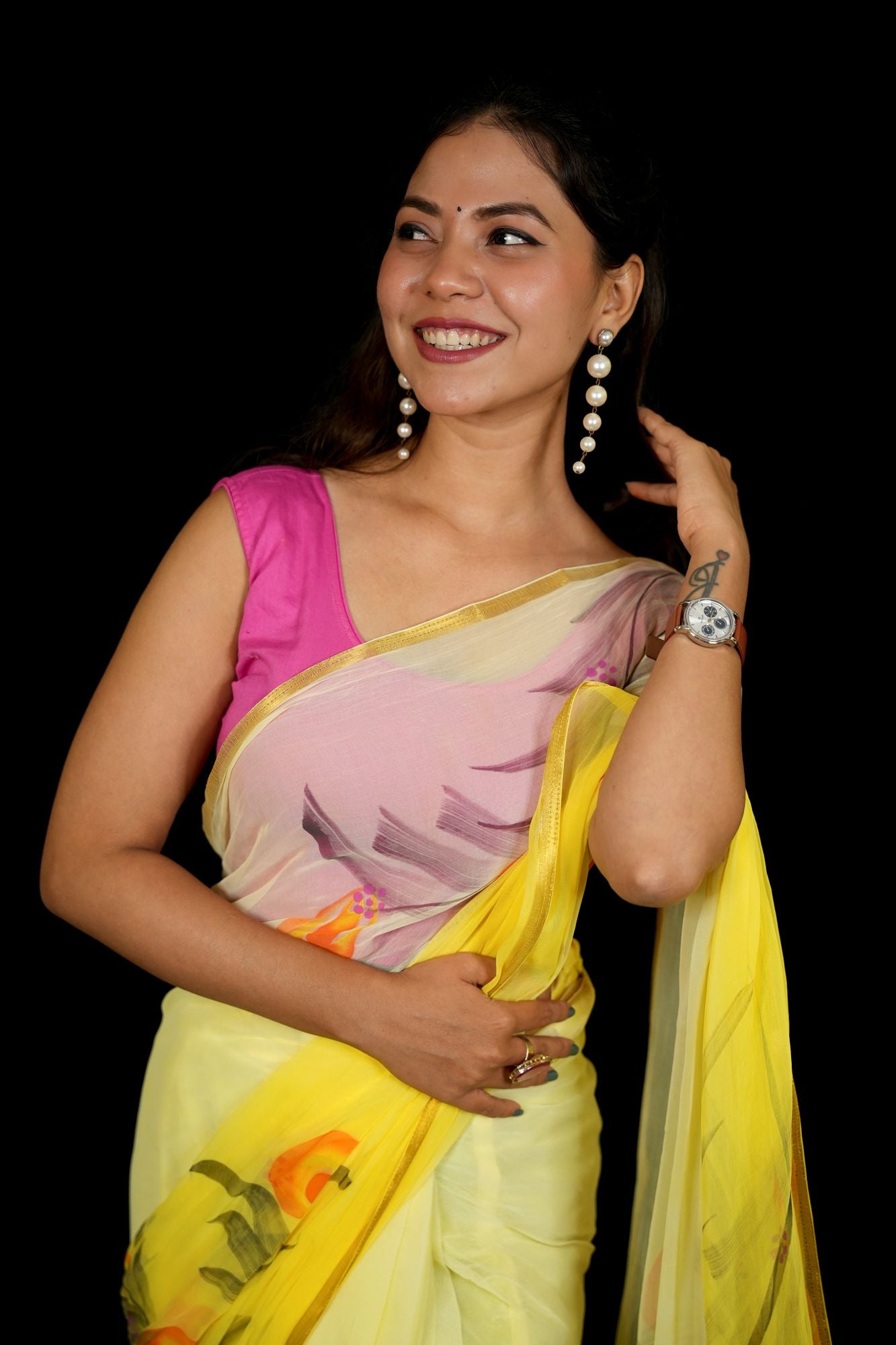 Yellow Chiffon with Hand-Painted Floral Elegance Ready To Wear Saree