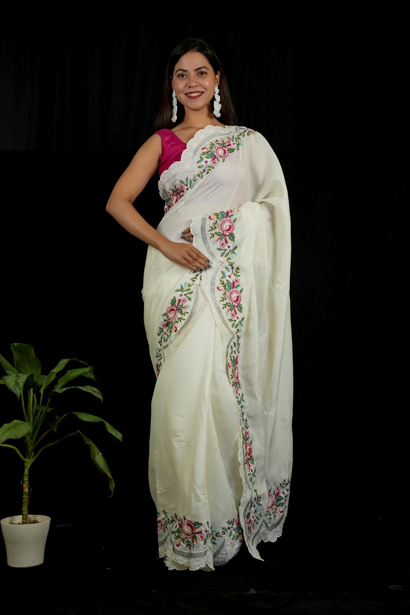 Chanderi with Floral Embroidery & Scalloped Cutwork Border Ready To Wear Saree