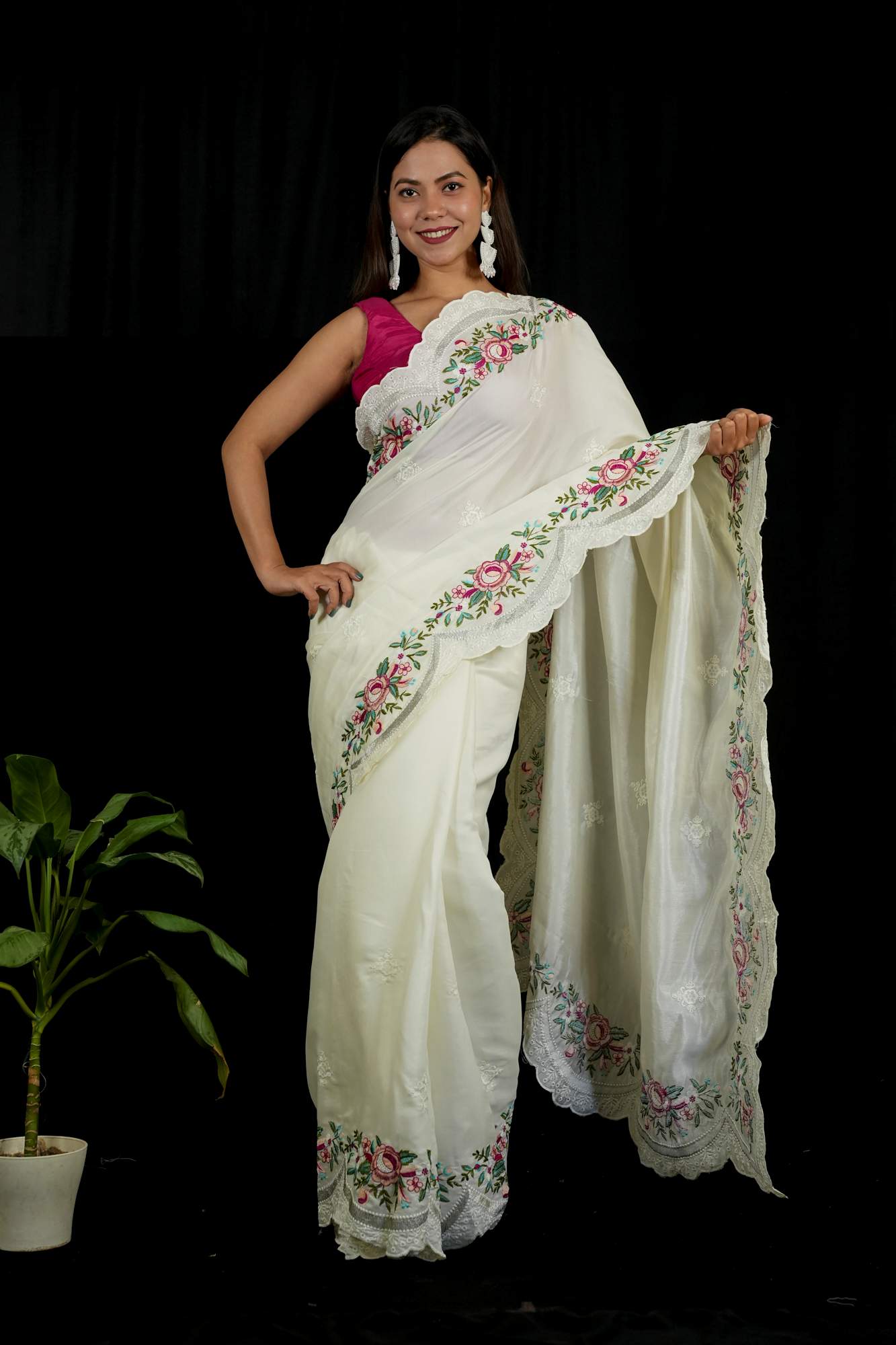 Chanderi with Floral Embroidery & Scalloped Cutwork Border Ready To Wear Saree