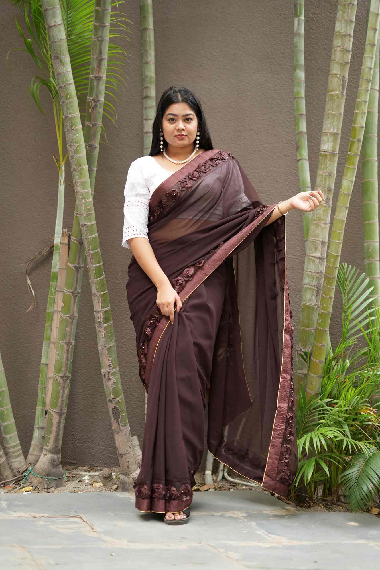 Poly Georgette with 3D Floral Embellished Border Ready To Wear Saree