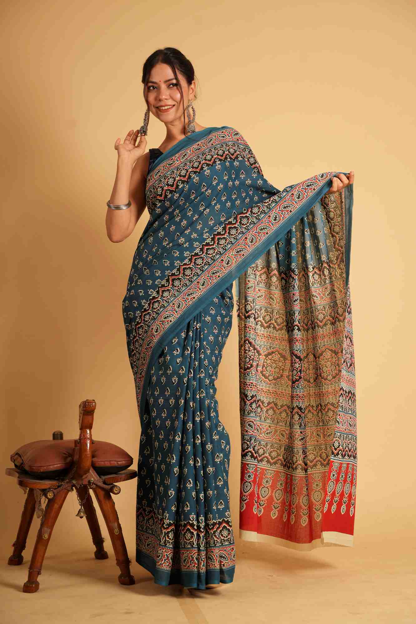 Mul mul Cotton Bandhani Printed in Teal Blue and Red Ready To Wear Saree
