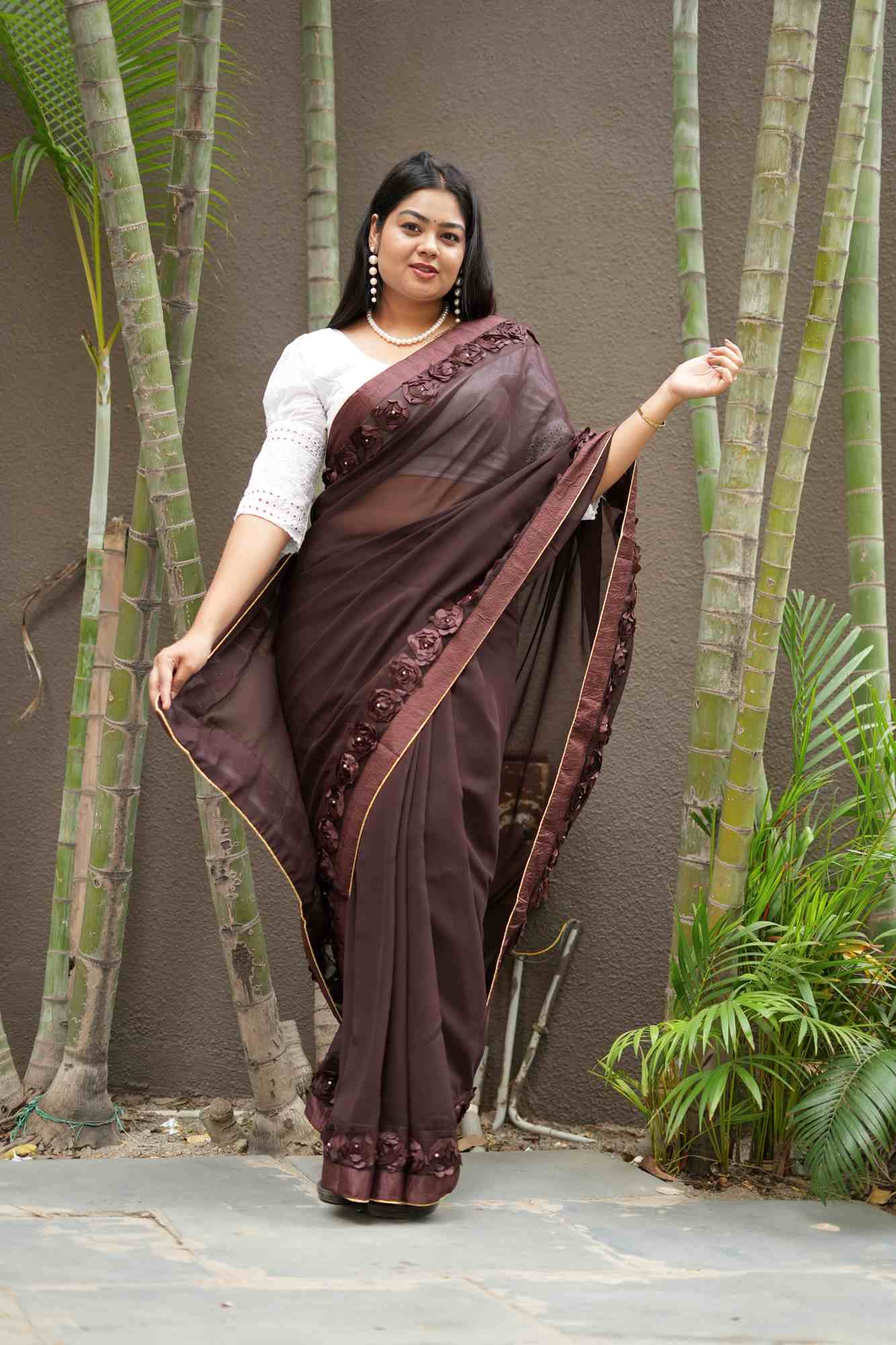 Poly Georgette with 3D Floral Embellished Border Ready To Wear Saree