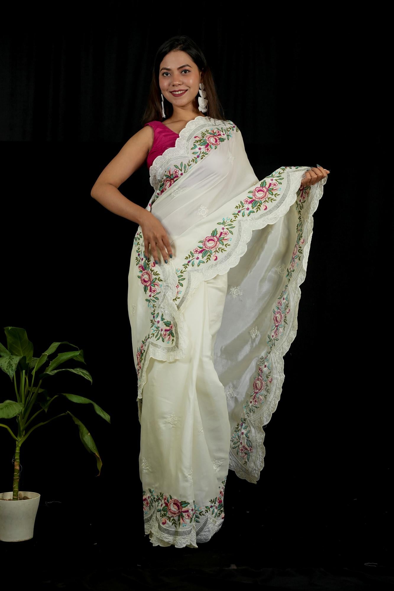 Chanderi with Floral Embroidery & Scalloped Cutwork Border Ready To Wear Saree